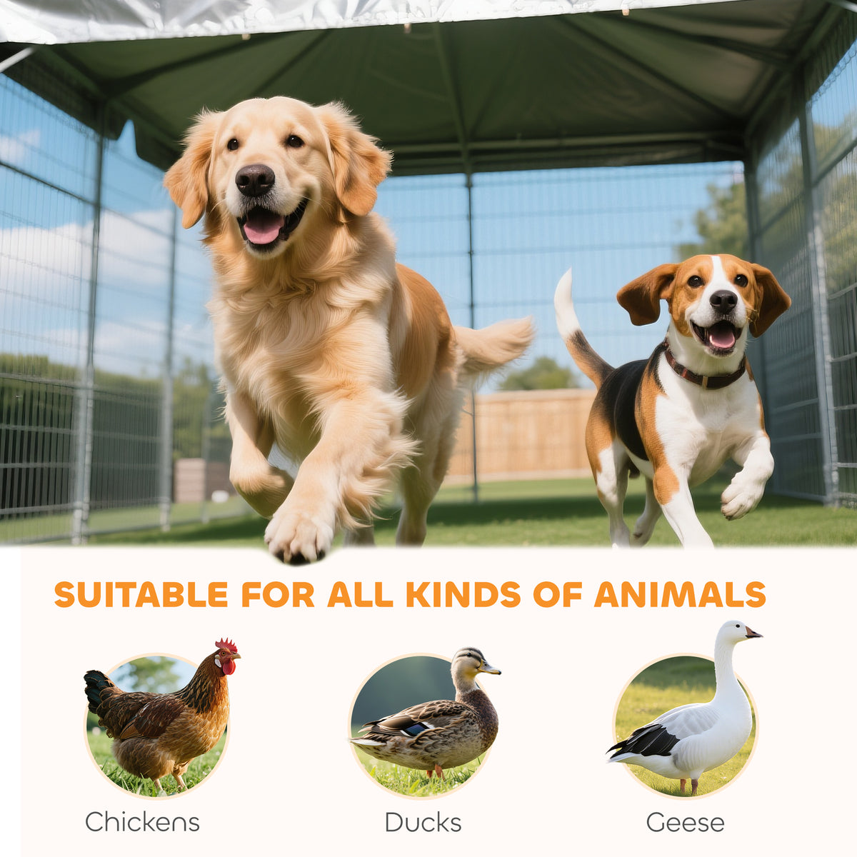 Large Outdoor Dog Kennel with Rotating & Adjustable Height Bowls, Waterproof & UV-Resistant Canopy, 11.3' x 4.7' x 5.1'