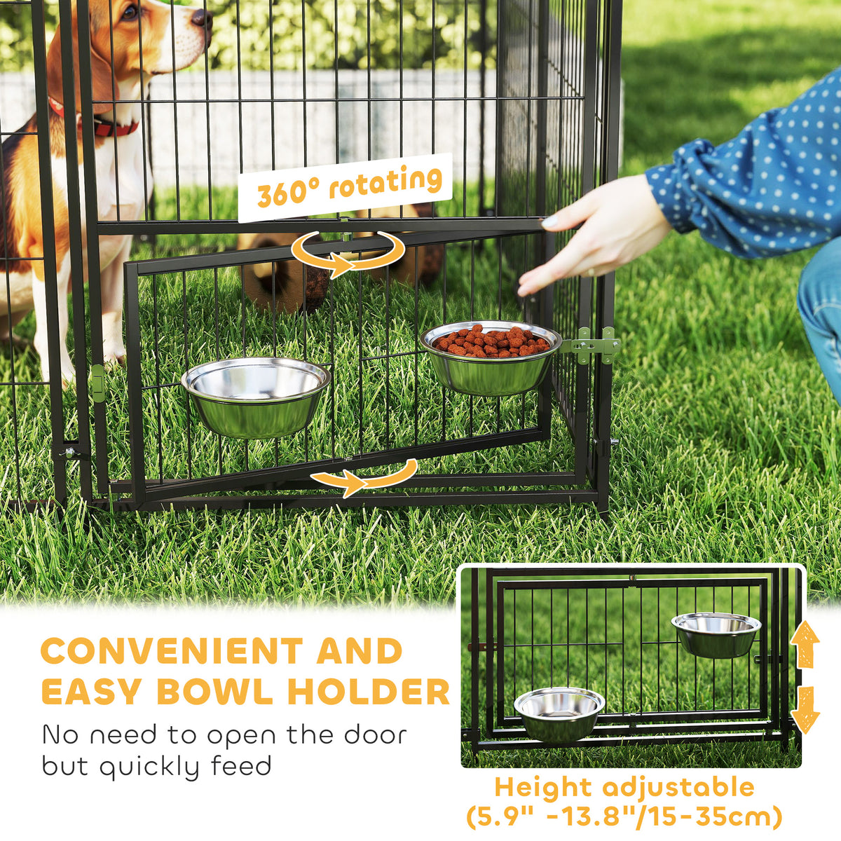 Large Outdoor Dog Kennel with 2 Rooms, Rotating & Adjustable Height Bowls, Waterproof & UV-Resistant Canopy
