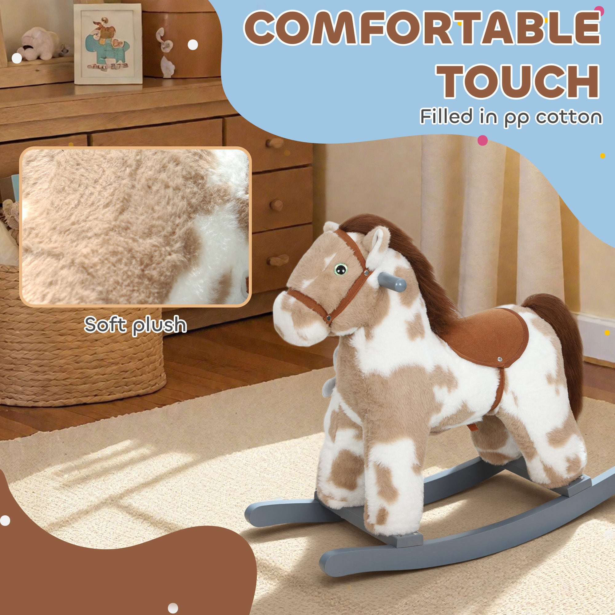 Rocking Horse, Kids Plush Horse Rocker with Rabbit Toy and Realistic Neigh for Toddlers 2–5 Years Old, Brown