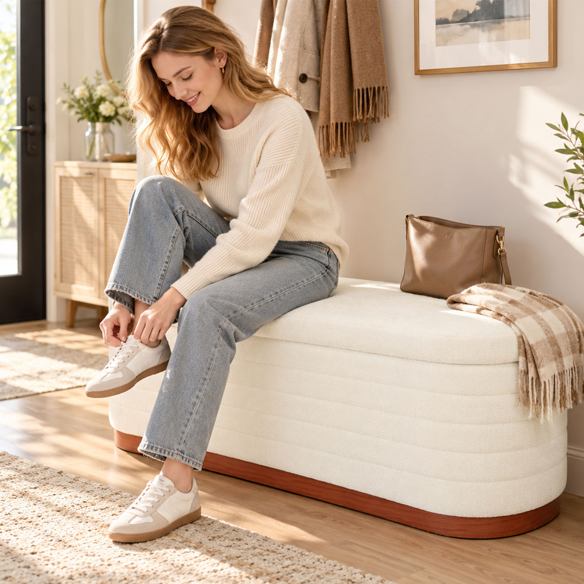 Storage Ottoman Bench Oval Chenille Upholstered Ottoman with Storage Chest, Cream White