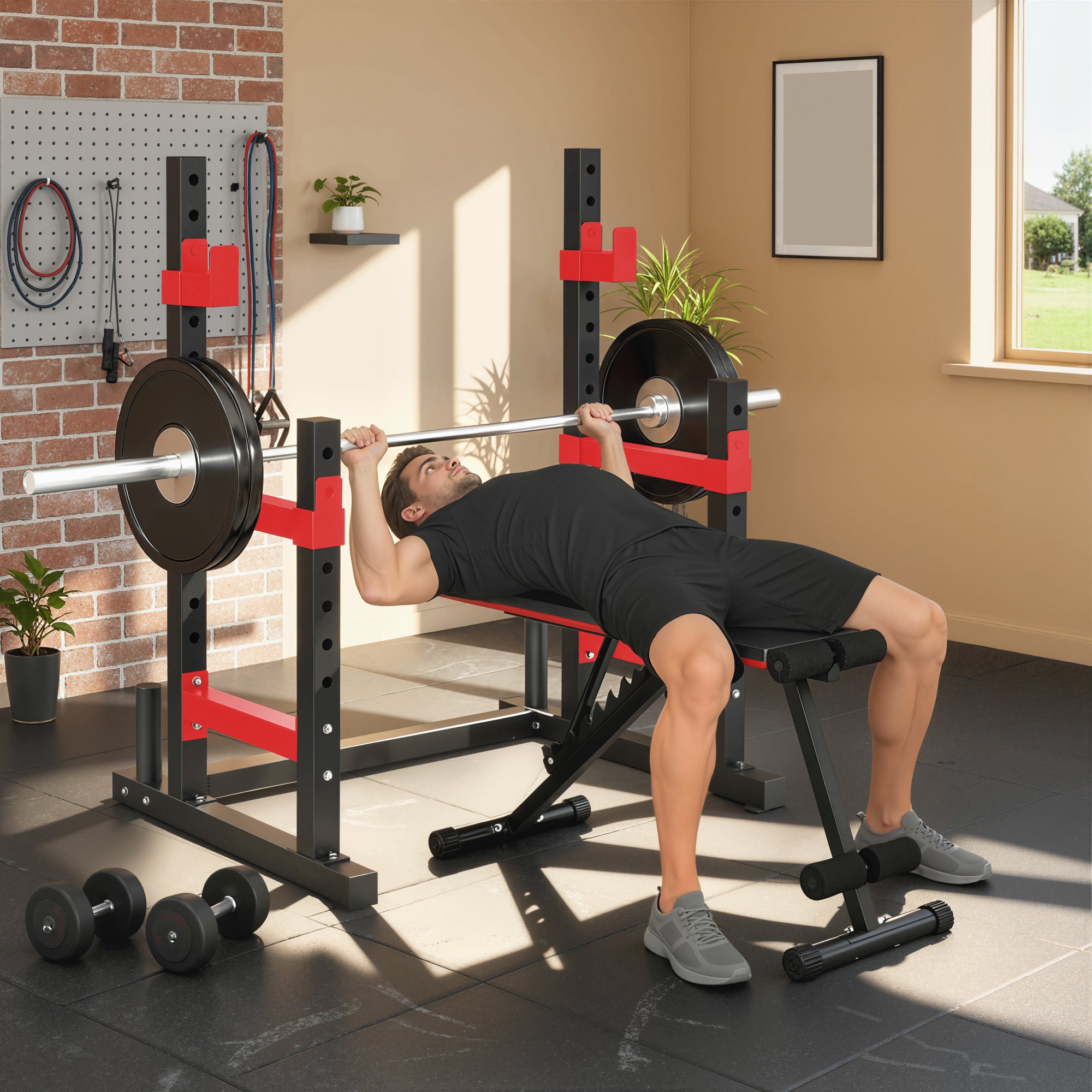 Adjustable Squat Rack, 660lbs Multi-Functional Bench Press Rack for Weight Lifting Home Gym Strength Training, Red