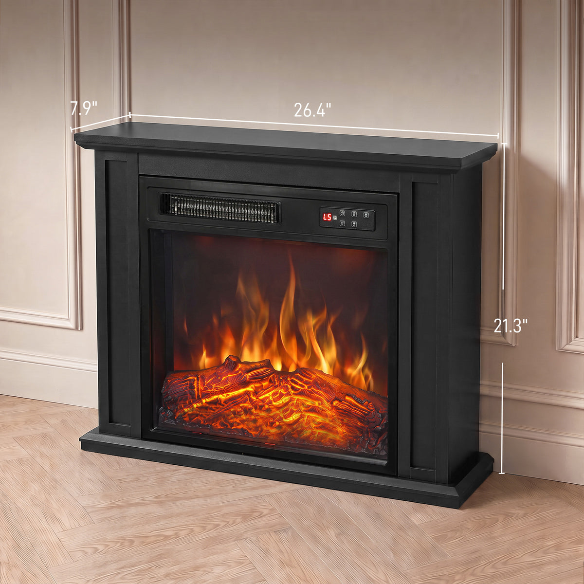 26" Electric Fireplace with Mantel, 1400W Freestanding Fireplace TV Stand with Adjustable Flame, Timer, Remote, Black