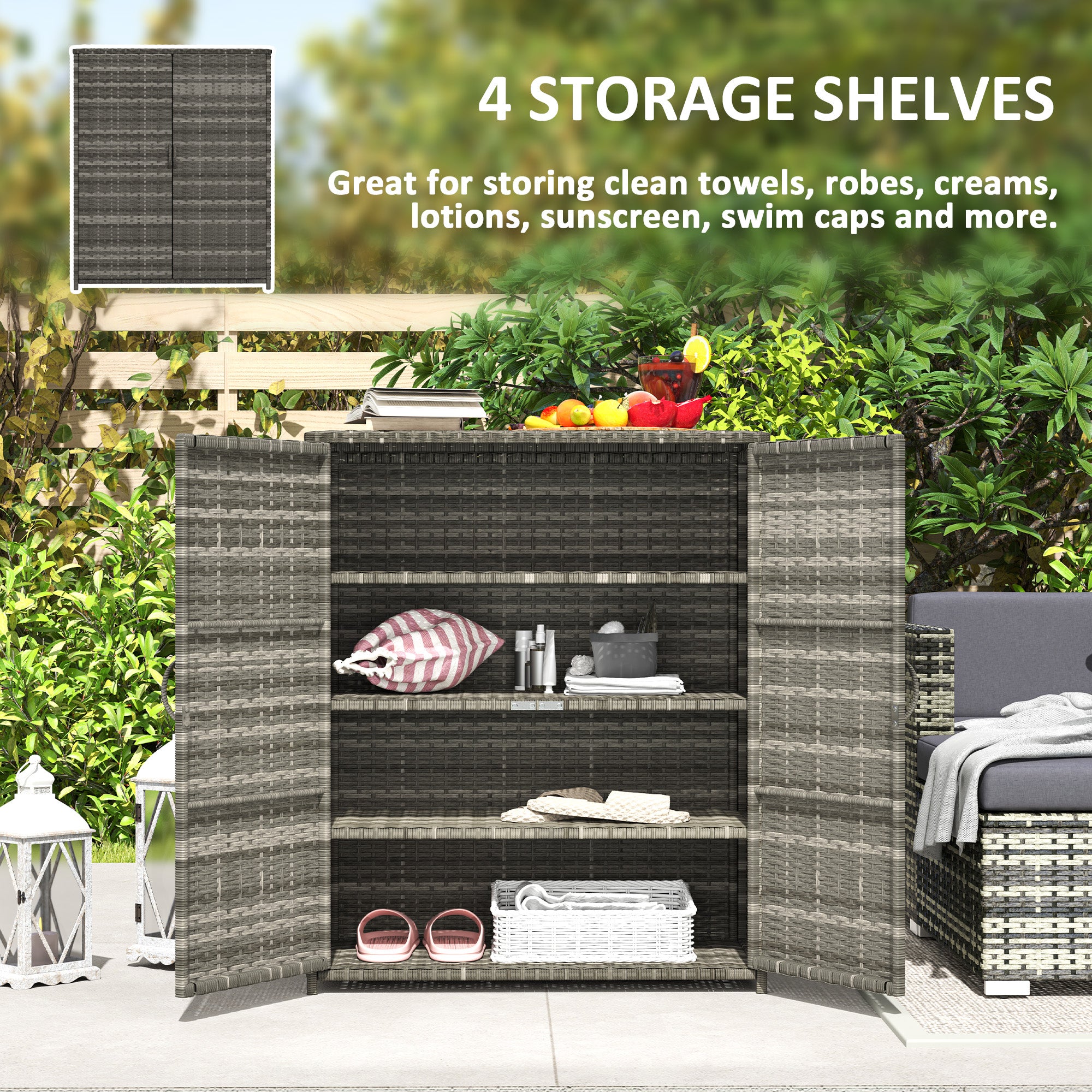 Rattan Wicker Outdoor Storage Cabinet with 4 Shelves and 2 Doors for Garden Pool Towel Storage, Mixed Gray - Mixed Gray - Image 4