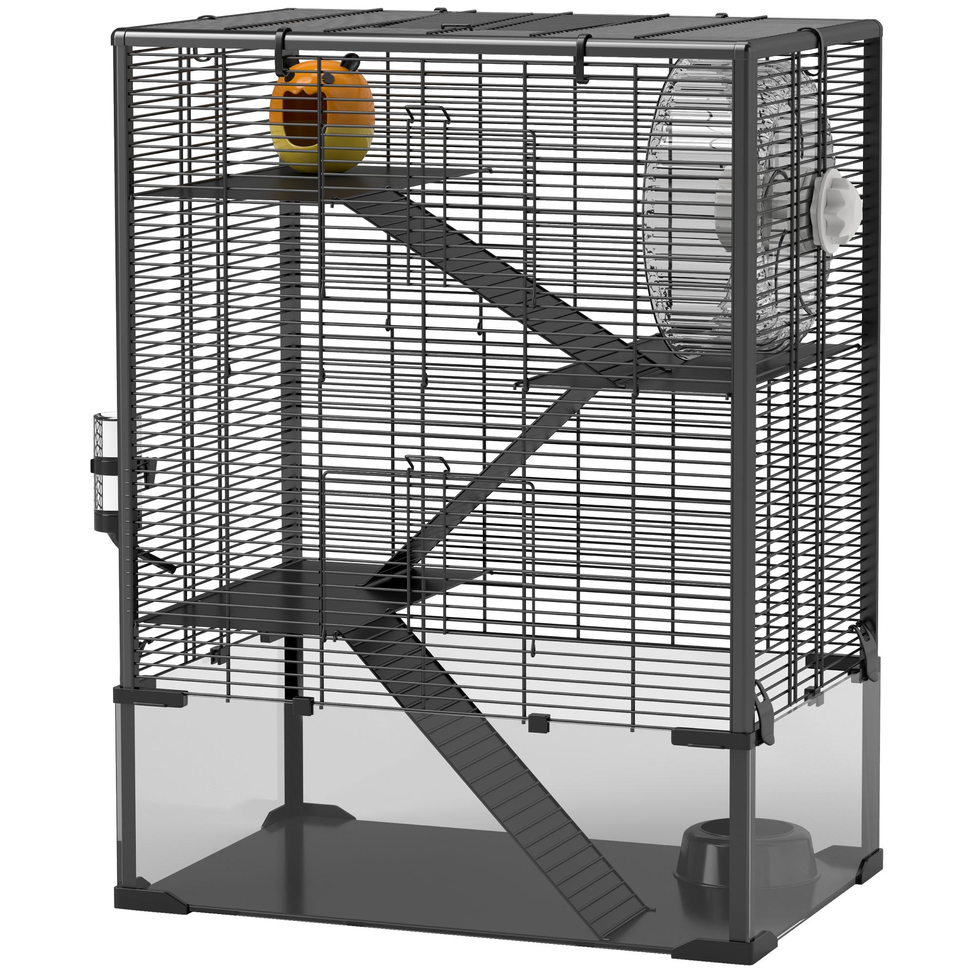 4 Tier Hamster Cage with Deep Tempered Glass Bottom, Running Wheel, Hut, Water Bottle, Food Dish, 24" x 16" x 31.5" - Black