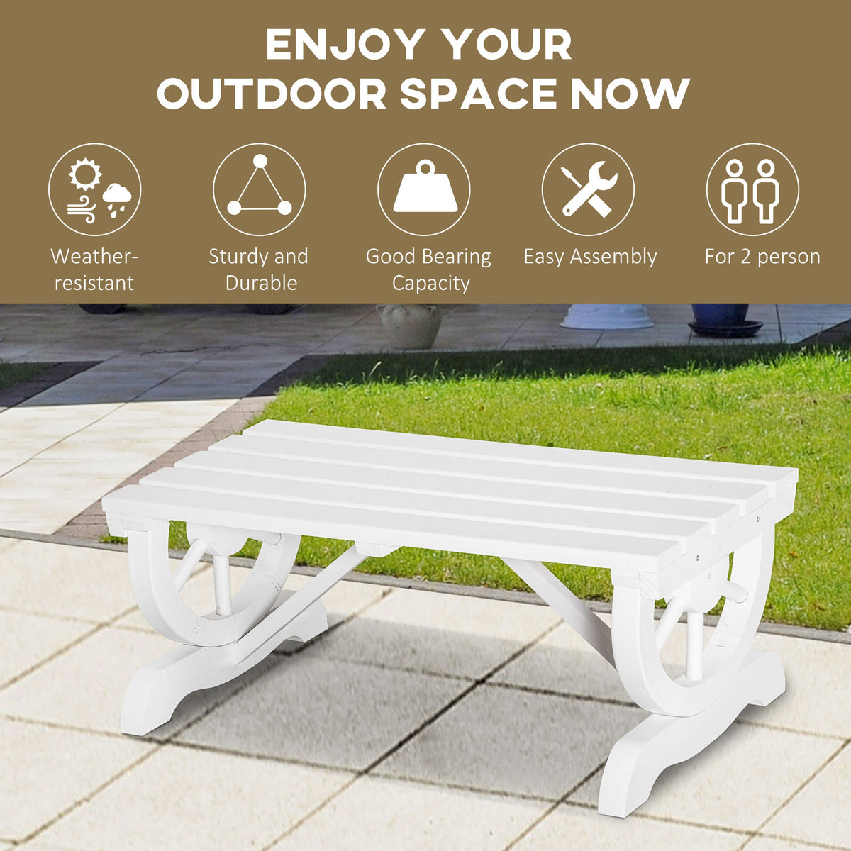 2-Person Wooden Garden Bench, Outdoor Wagon Wheel Porch Bench for Backyard Garden, Support 550 LBS, Rustic Country Style Patio Furniture, White