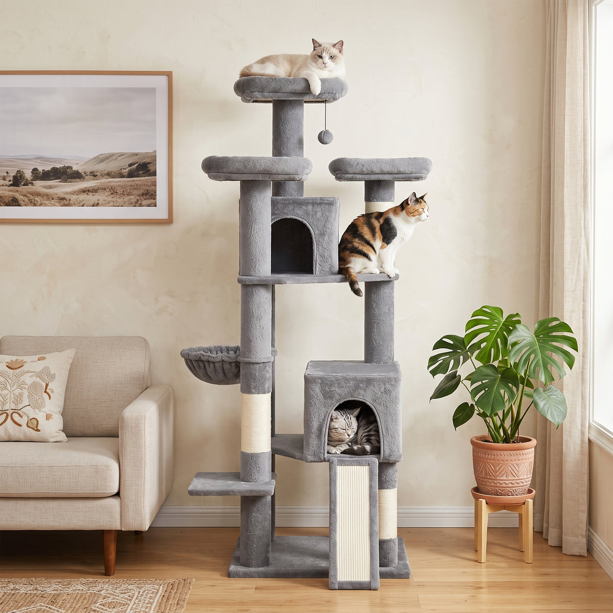 72" Cat Tree, Large Cat Tower with 2 Condos, 3 Padded Beds, Hammock, 3 Scratching Posts and Ladder