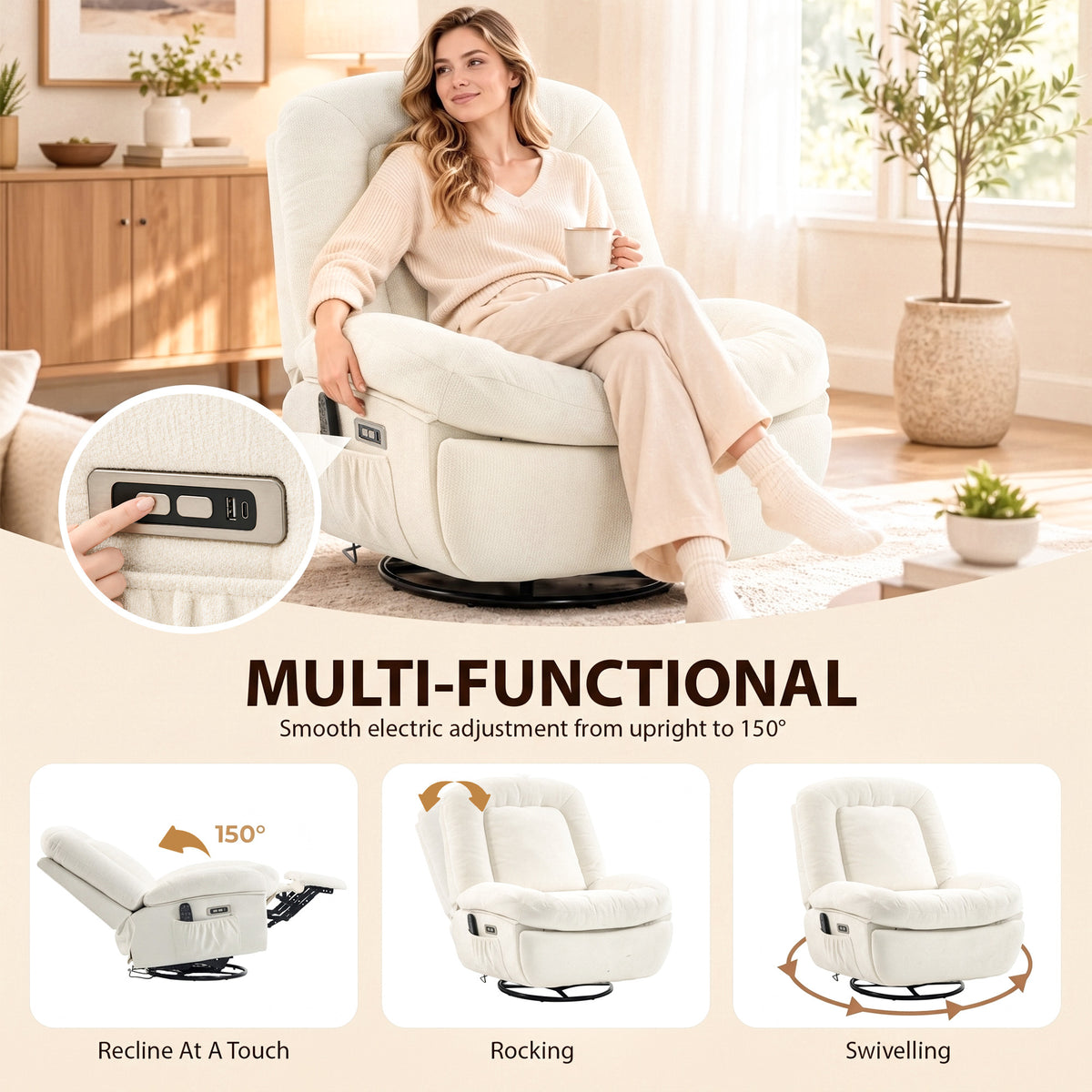 Oversized Power Recliner Chair with Massage and Heat, USB Port, Overstuffed Chenille Swivel Rocker Recliner, Cream White