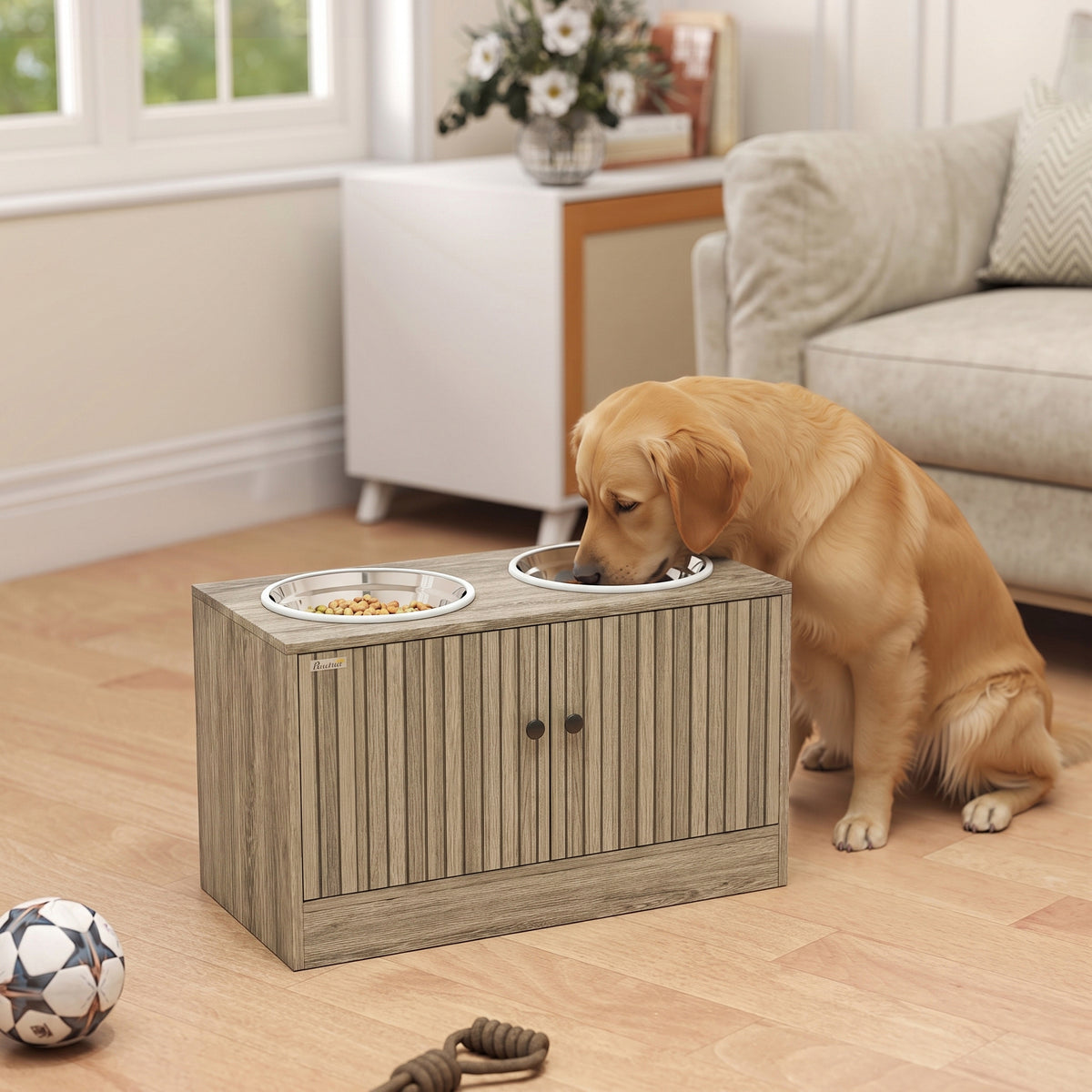 Elevated Dog Bowls with Storage Cabinet, 2 Stainless Steel Bowls, Slow Feeder, Dog Feeding Station for Large Dogs, Brown Wood Grain