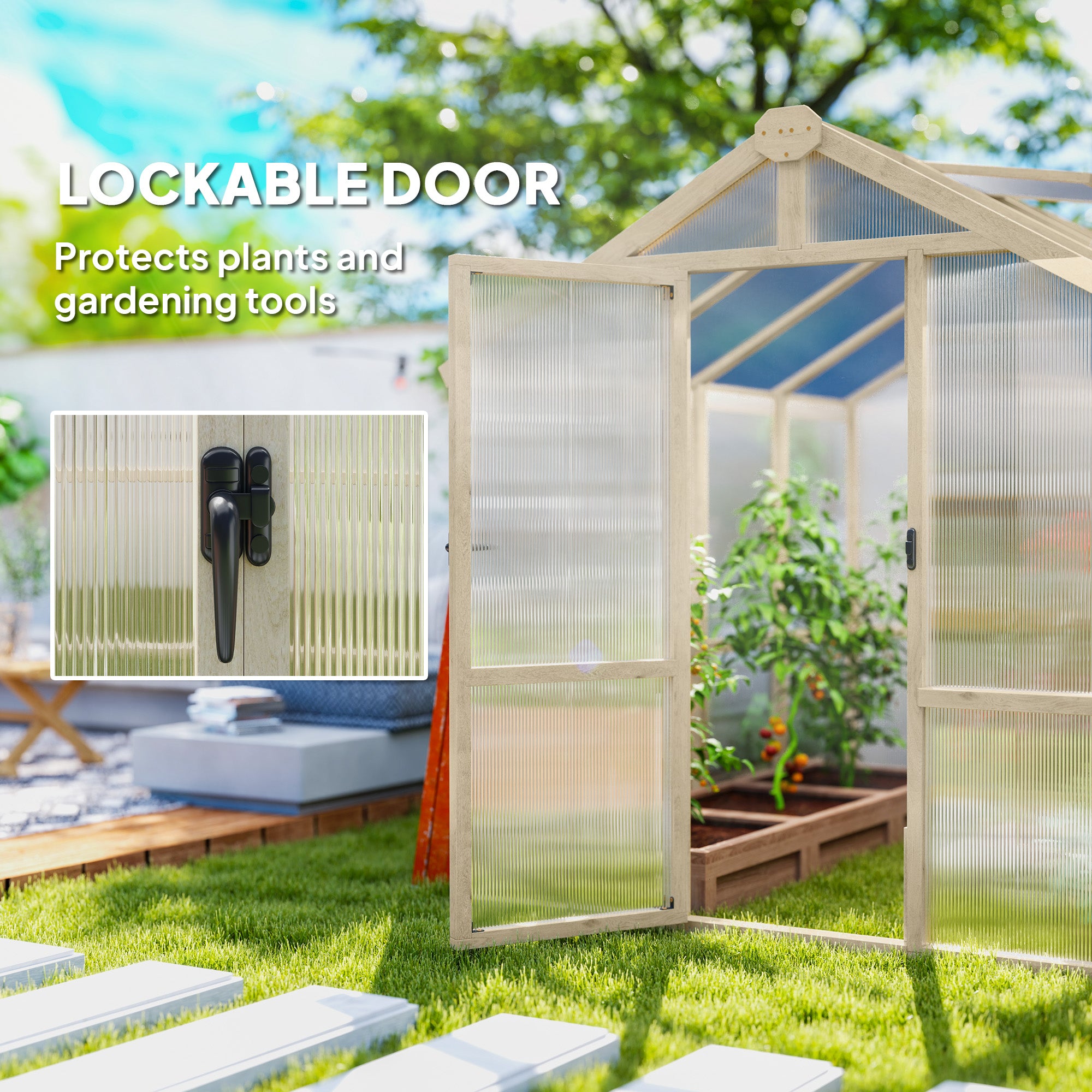 Wooden Greenhouse 6.6 x 8 ft Polycarbonate Walk-in with Lockable Door Thickened Panels, Roof Vent - Brown - Image 7