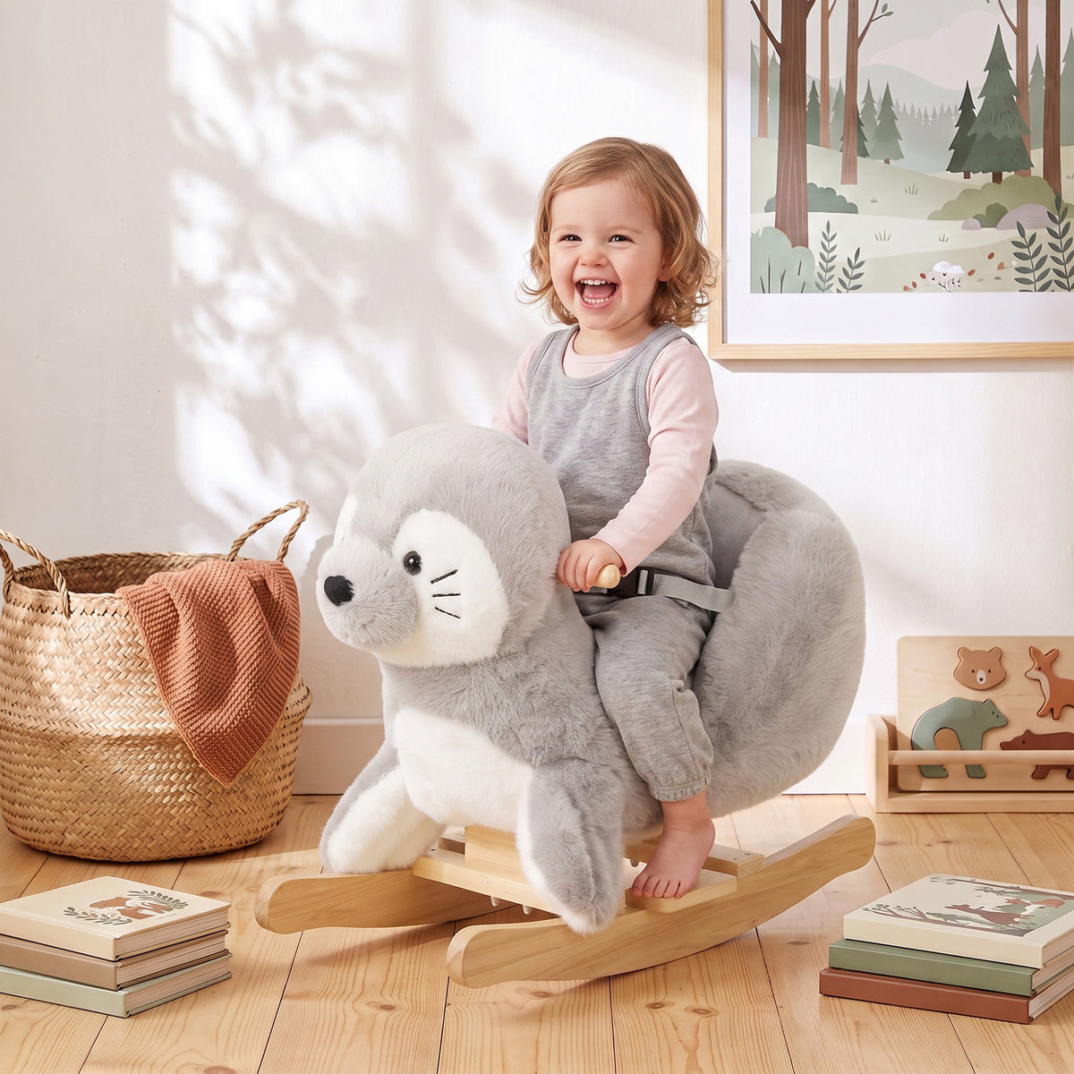 Seal Baby Rocking Horse, Kids Plush Ride-On Toy with Realistic Sounds and Safety Belt for Babies Ages 12-36 Months