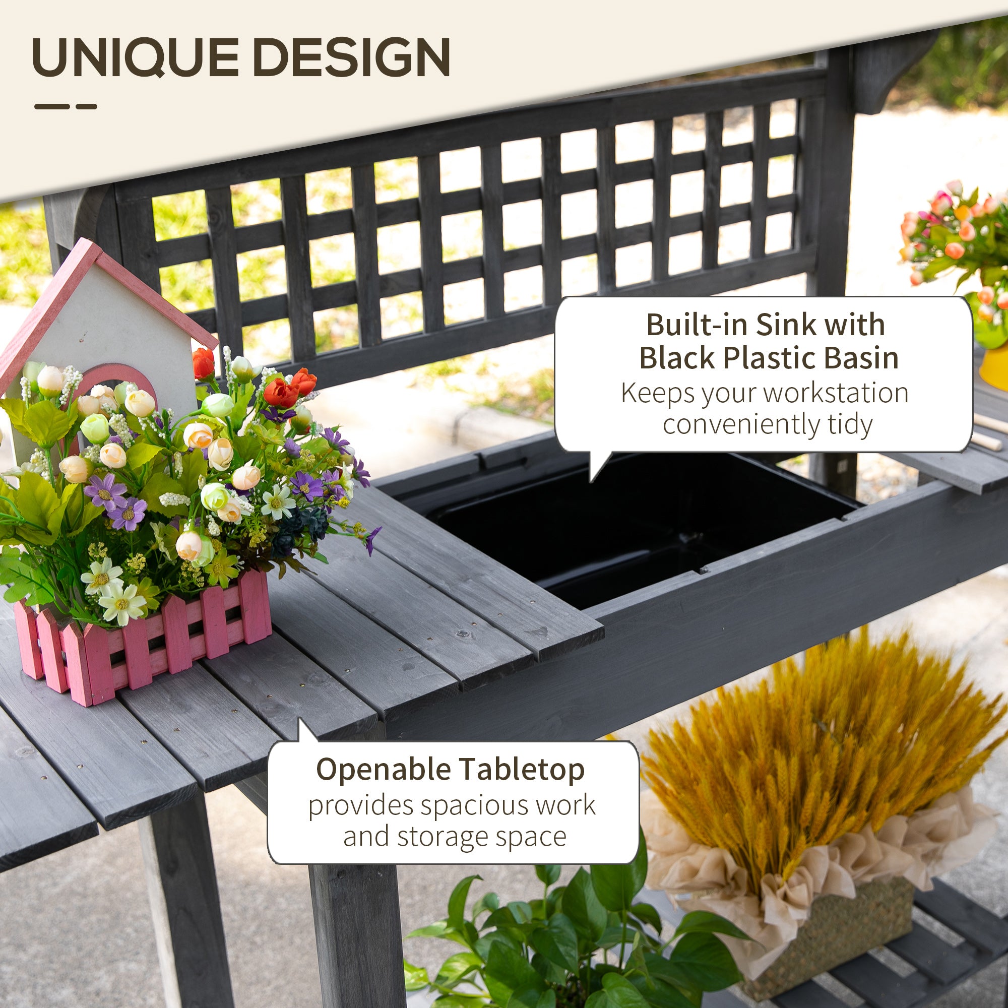 Outdoor Potting Bench Table, Wooden Workstation with Sliding Tabletop, Storage Shelf and Dry Sink, for Greenhouse, Garden, Patio, Gray - Gray - Image 6