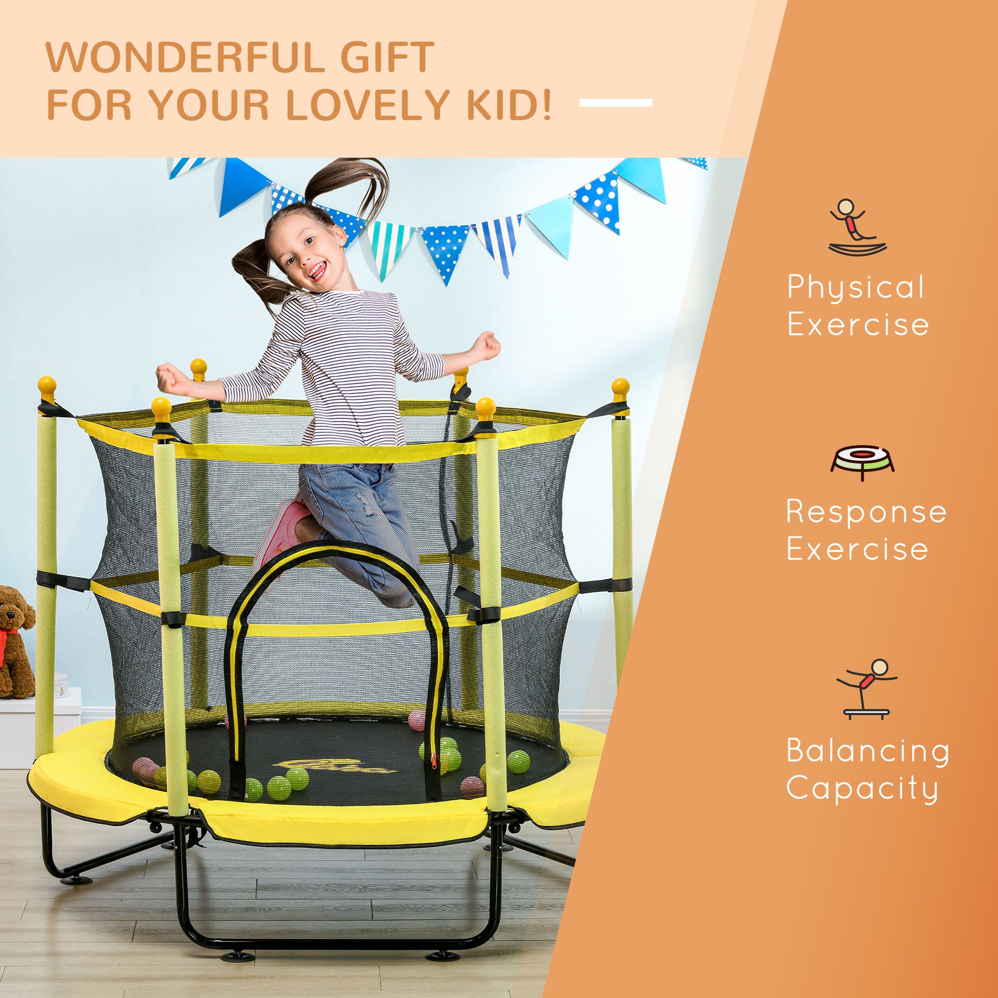 4.6' Trampoline for Kids with Safety Enclosure & Ball Pit, Yellow