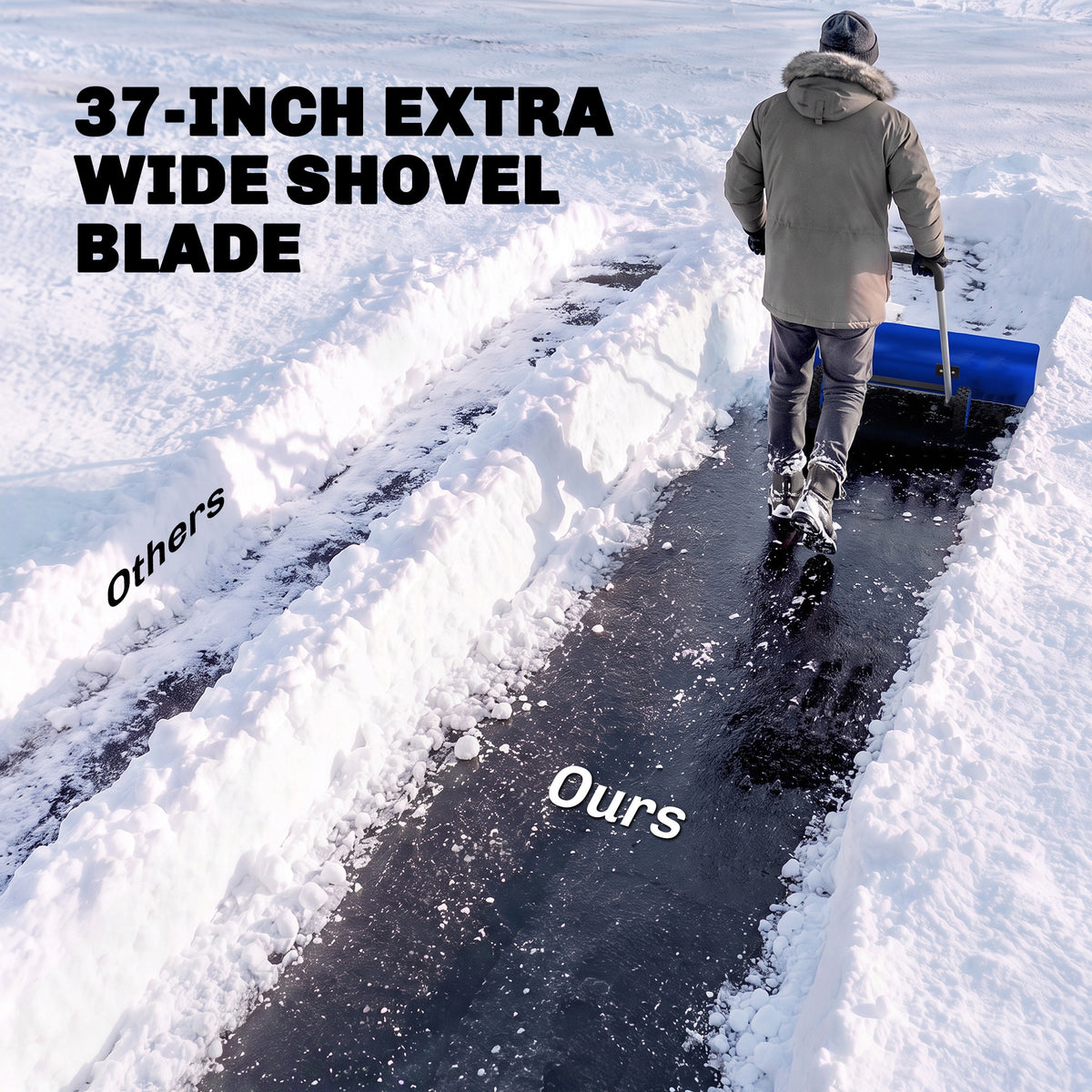 37-Inch Extra Wide Snow Shovel with Wheels, Heavy Duty Aluminum Snow Pusher with Ergonomic Adjustable Handle, Blue