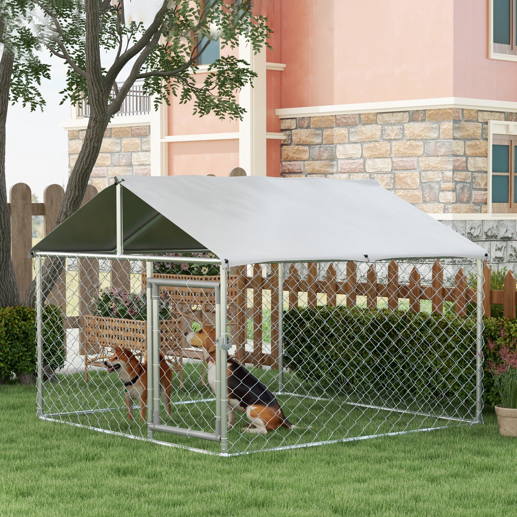 6.6' x 6.6' x 4.9' Dog Kennel Outdoor for Small Medium Dogs with Waterproof Roof, Silver - Silver - Image 2