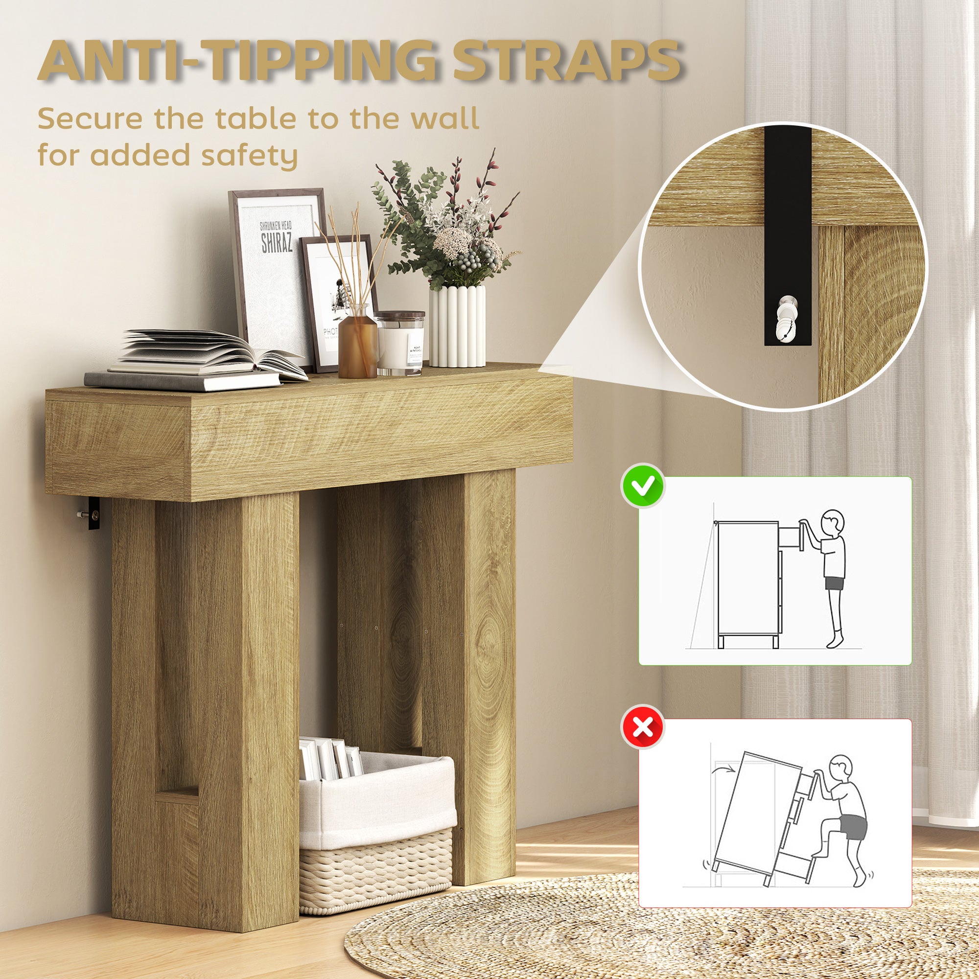 42 Inch Console Table, Sofa Table Behind the Couch with Thickened Tabletop for Living Room, Hallway, Entrance, Oak