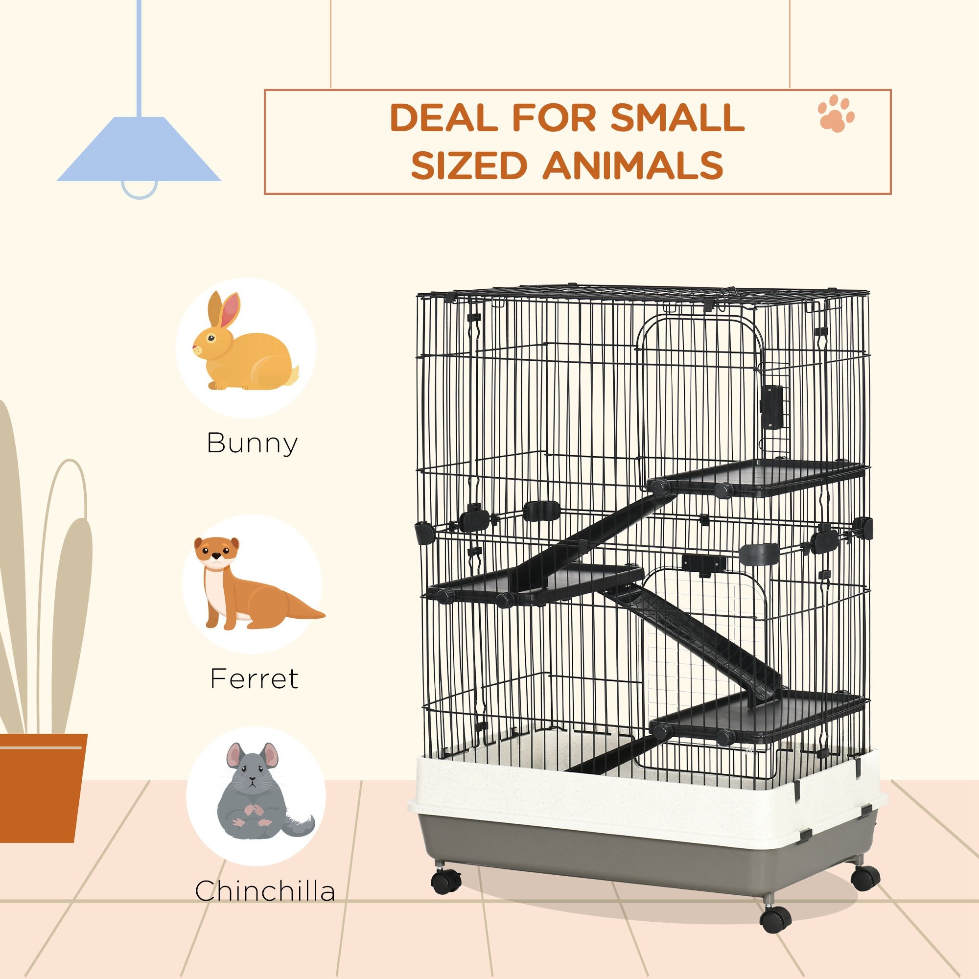 32"L 4-Level Small Animal Cage Rabbit Hutch with Universal Lockable Wheels, Slide-out Tray for Bunny, Chinchillas, Ferret, Black - Black - Image 6