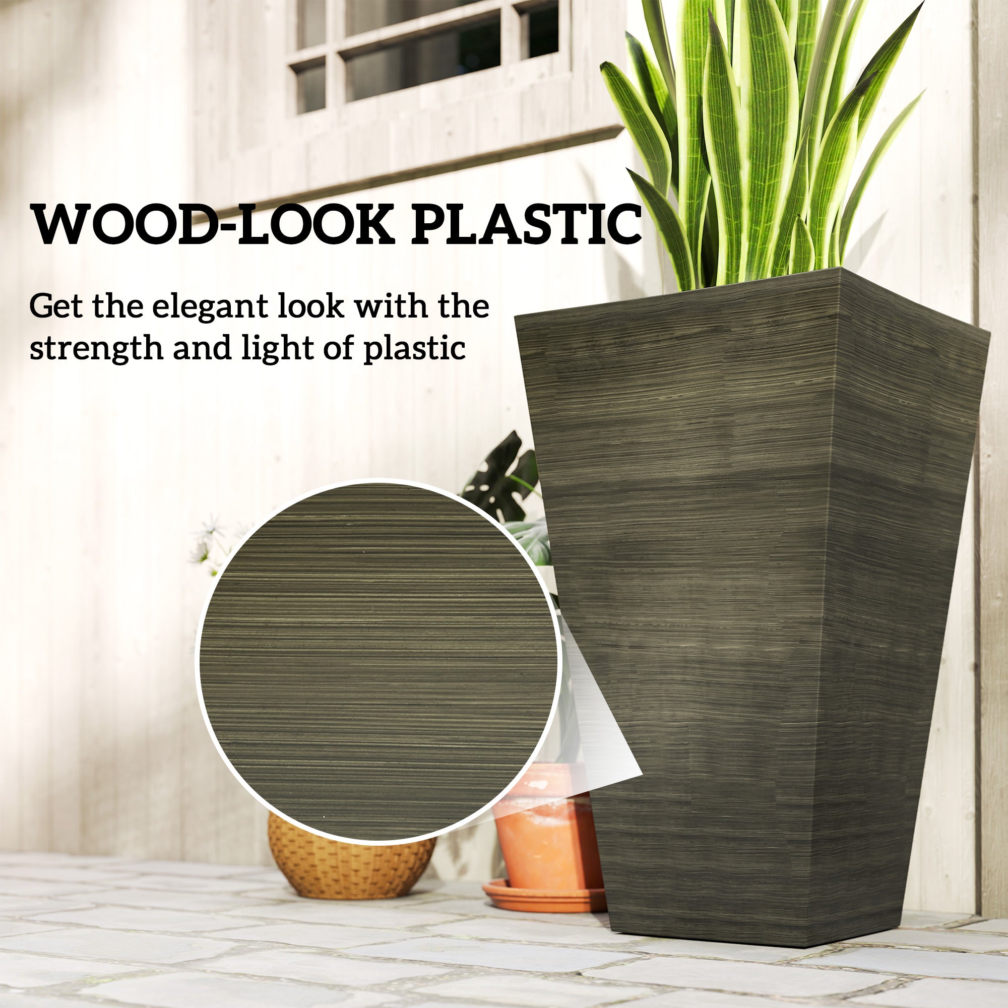 Set of 3 Tall Planters, 28" Outdoor Planter w/ Drainage Holes, Faux Wood Plastic Flower Pots, Dark Brown - Dark Brown - Image 6
