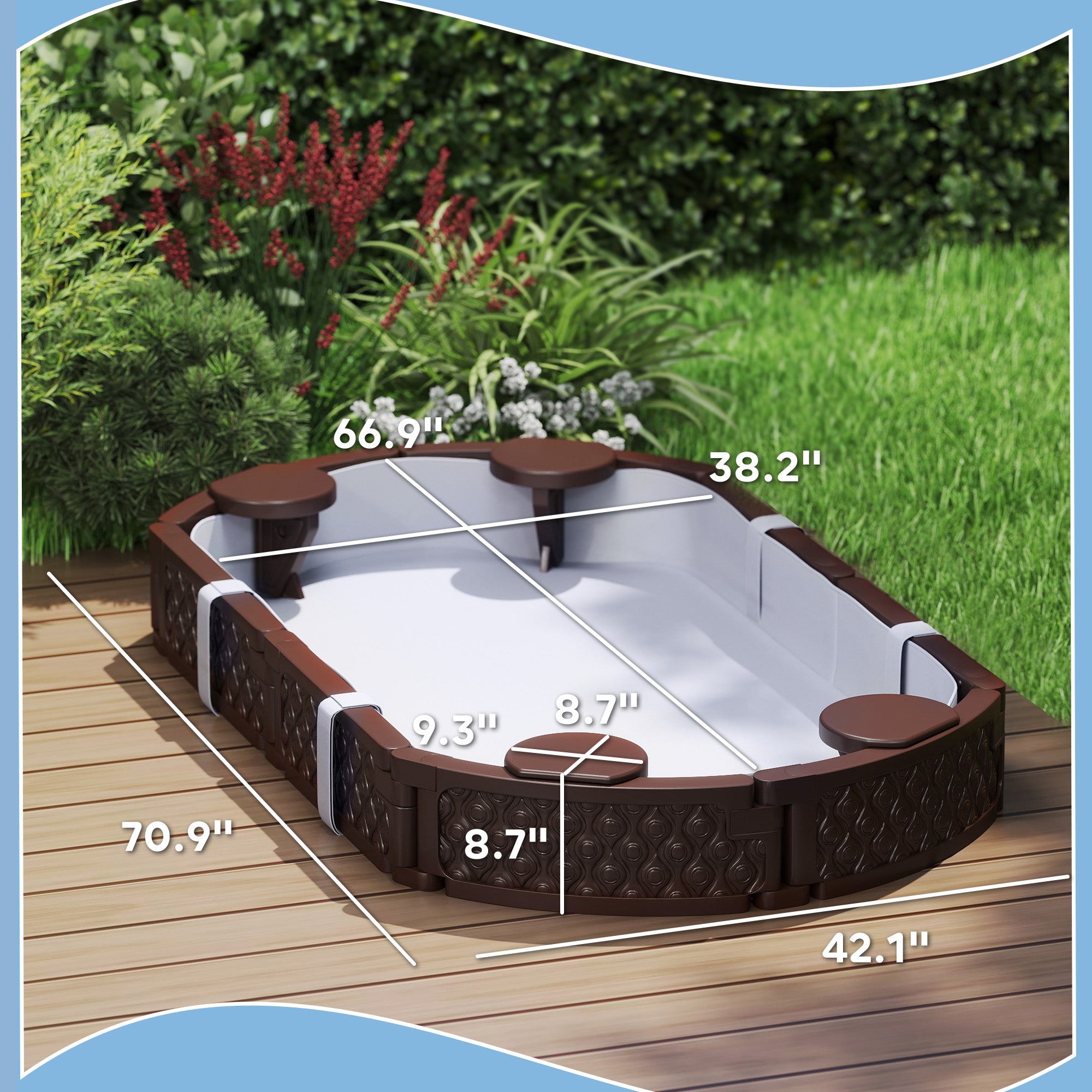 Kids Sandbox with Cover, 4 Corner Seats, Bottom Liner for Backyard, Garden, Outdoor, 71" x 42" W x 9", Dark Brown