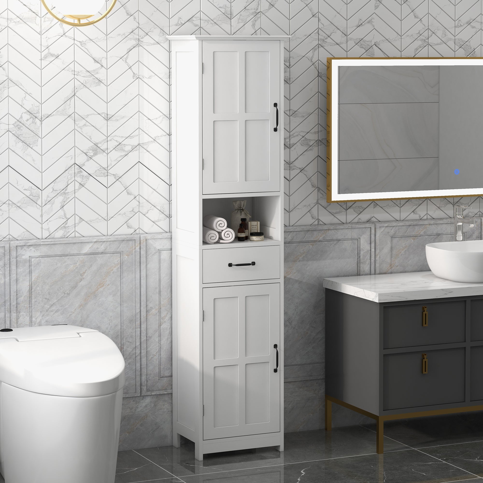 Modern Bathroom Cabinet, Narrow Storage Cabinet with Open Shelf, Drawer, Recessed Doors and Adjustable Shelves, White