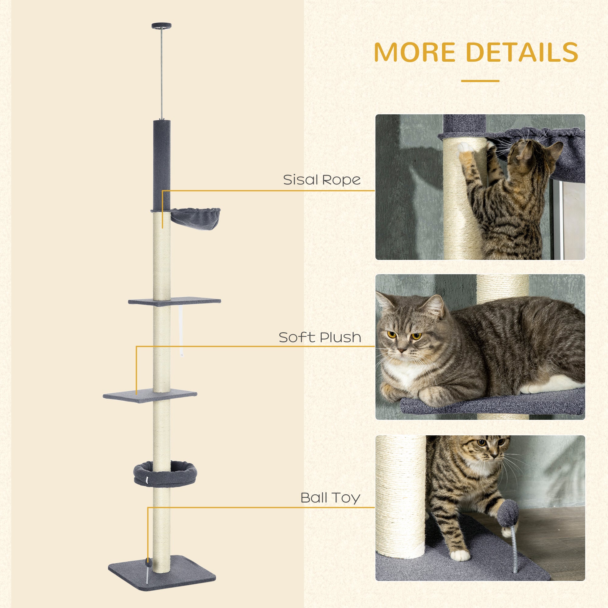 Floor To Ceiling Cat Tree, 5-Tier Cat Climbing Tower, 95''-106'' Height Adjustable with Carpeted Platforms, Cozy Bed, Hammock, Scratching Post & Toy Ball for Indoor Cats, Dark Gray and Cream - Black, Cream - Image 6