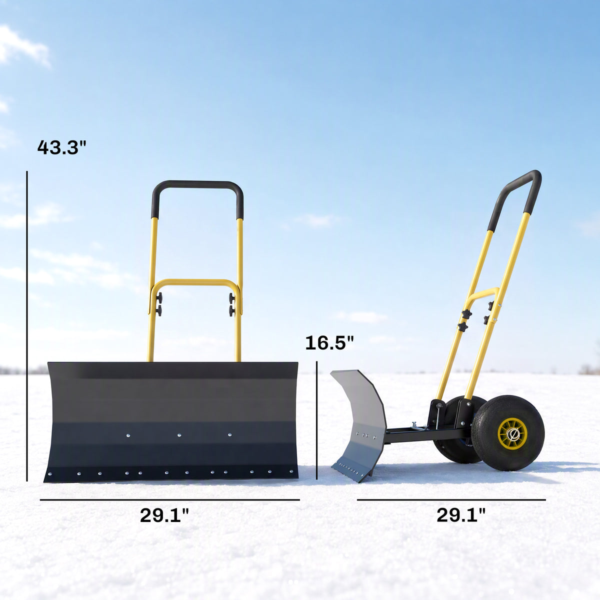 Snow Shovel with Wheels, 29" x 16.5" Metal Snow Pusher with Adjustable Handle, 5-Angle Blade for Driveway, Yellow