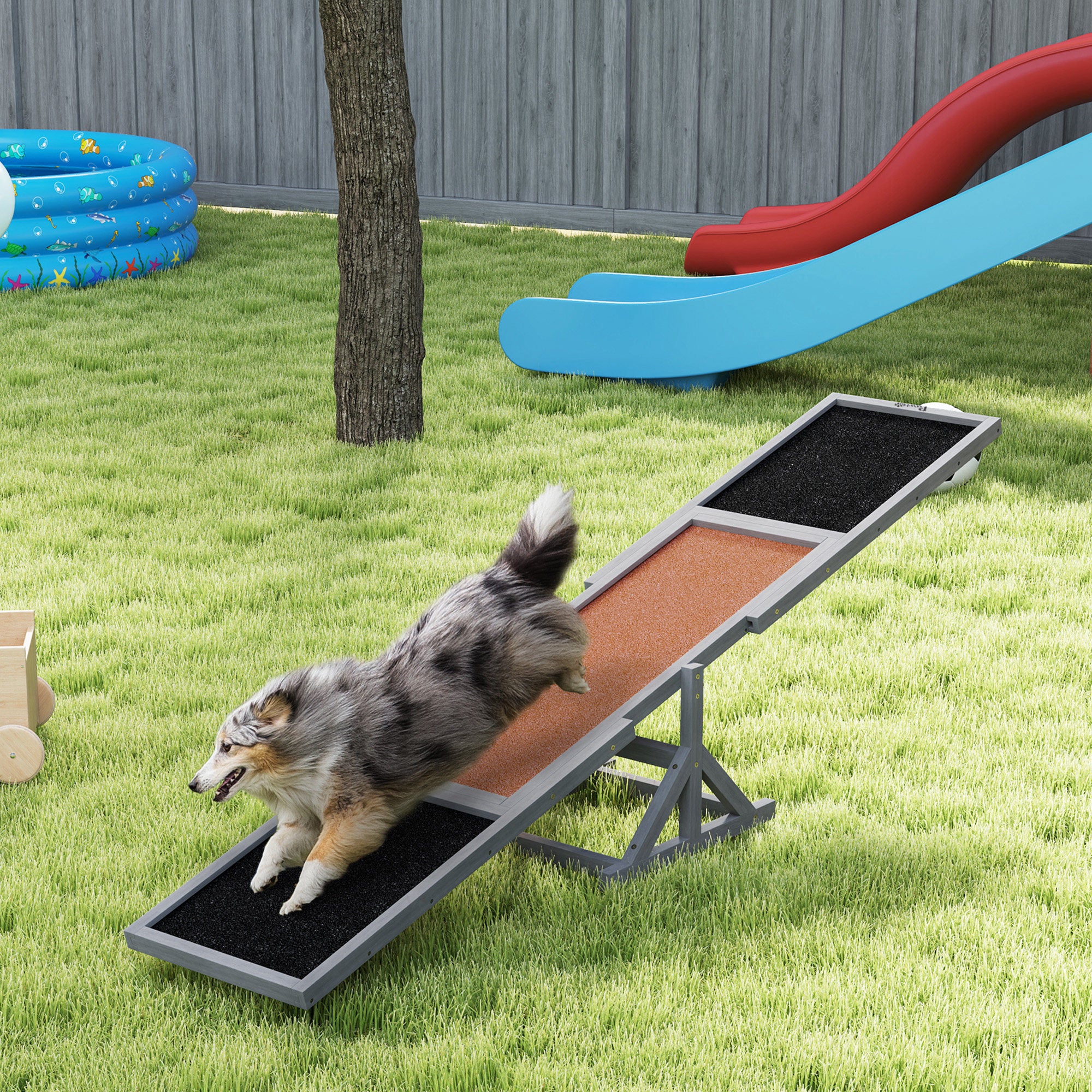 Wooden Dog Agility Seesaw for Training and Exercise, Weather Resistant, 83" L x 16" W x 14" H, Gray - Gray - Image 2