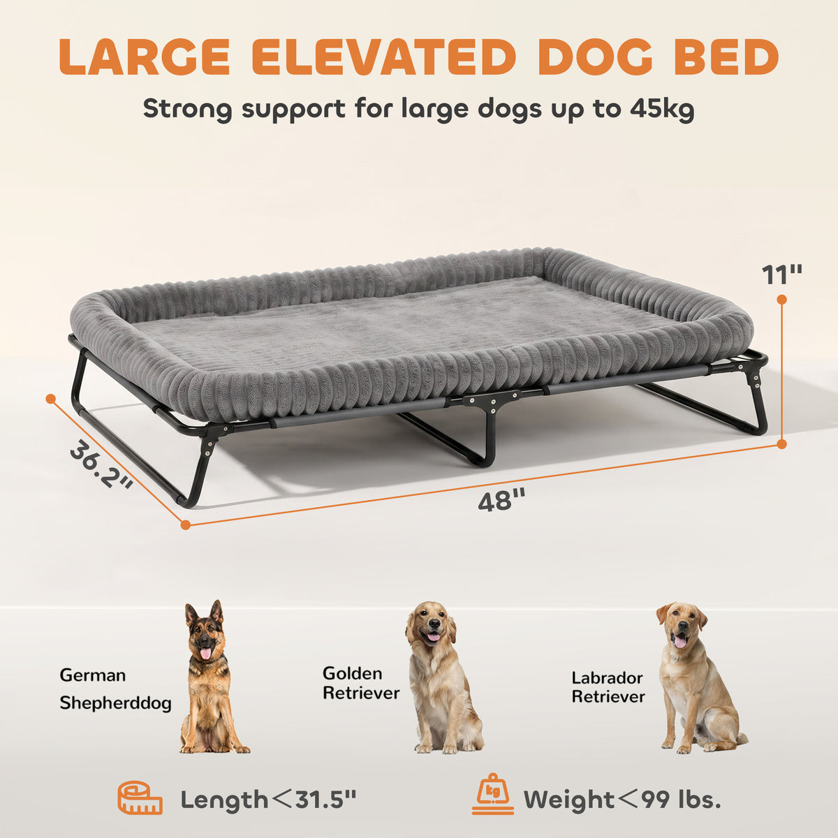 Elevated Dog Bed, Large Raised Outdoor Dog Bed with Removable Pad and Metal Frame, Portable Pet Cot for XL Breeds