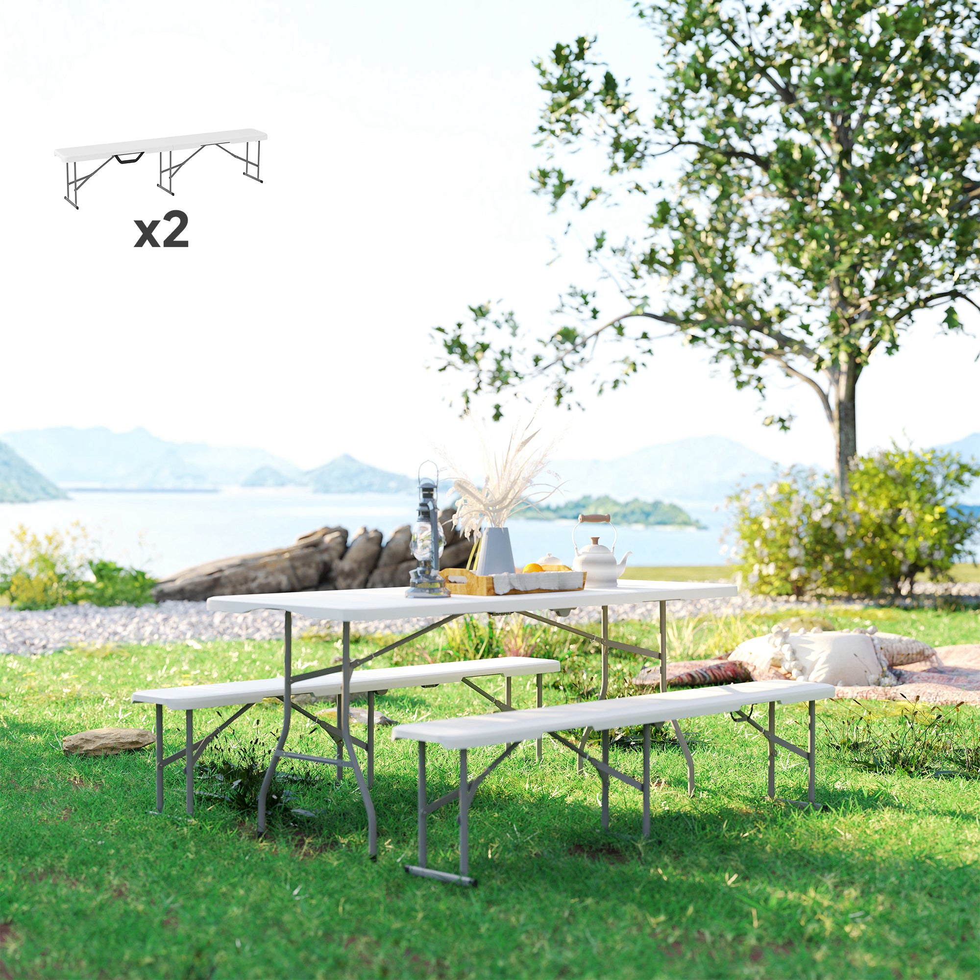2 Pack 6 ft Portable Foldable Bench Seats, Plastic Folding Benches with Carrying Handle for Camping, White