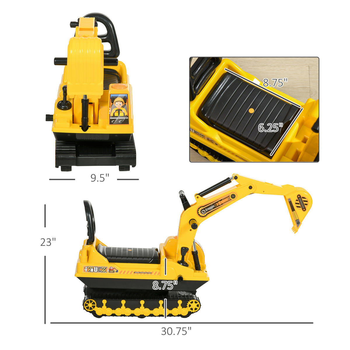 Qaba No Power Ride On Excavator Toy Tractors Digger Movable Scooter Walker Pretend Play Toddler Construction Truck Basket Storage For Boys Girls 18-48 Months Yellow Black