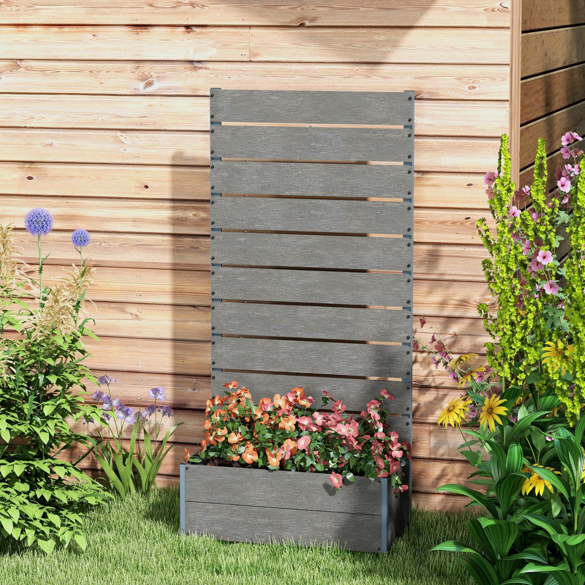 Trellis Planter for Climbing Plants, Raised Garden Bed with Trellis, Planter Box for Outdoor, 28.25" x 15" x 59", Gray - Gray - Image 7