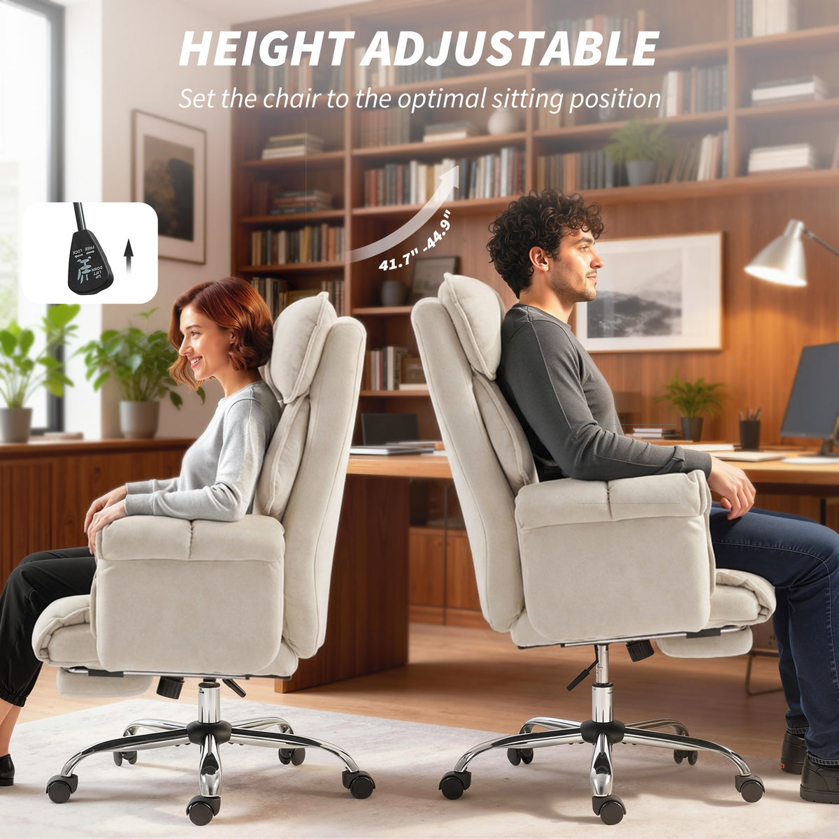Executive Office Chair, Reclining Computer Chair with Footrest, High Back, Headrest, Adjustable Height, Cream White
