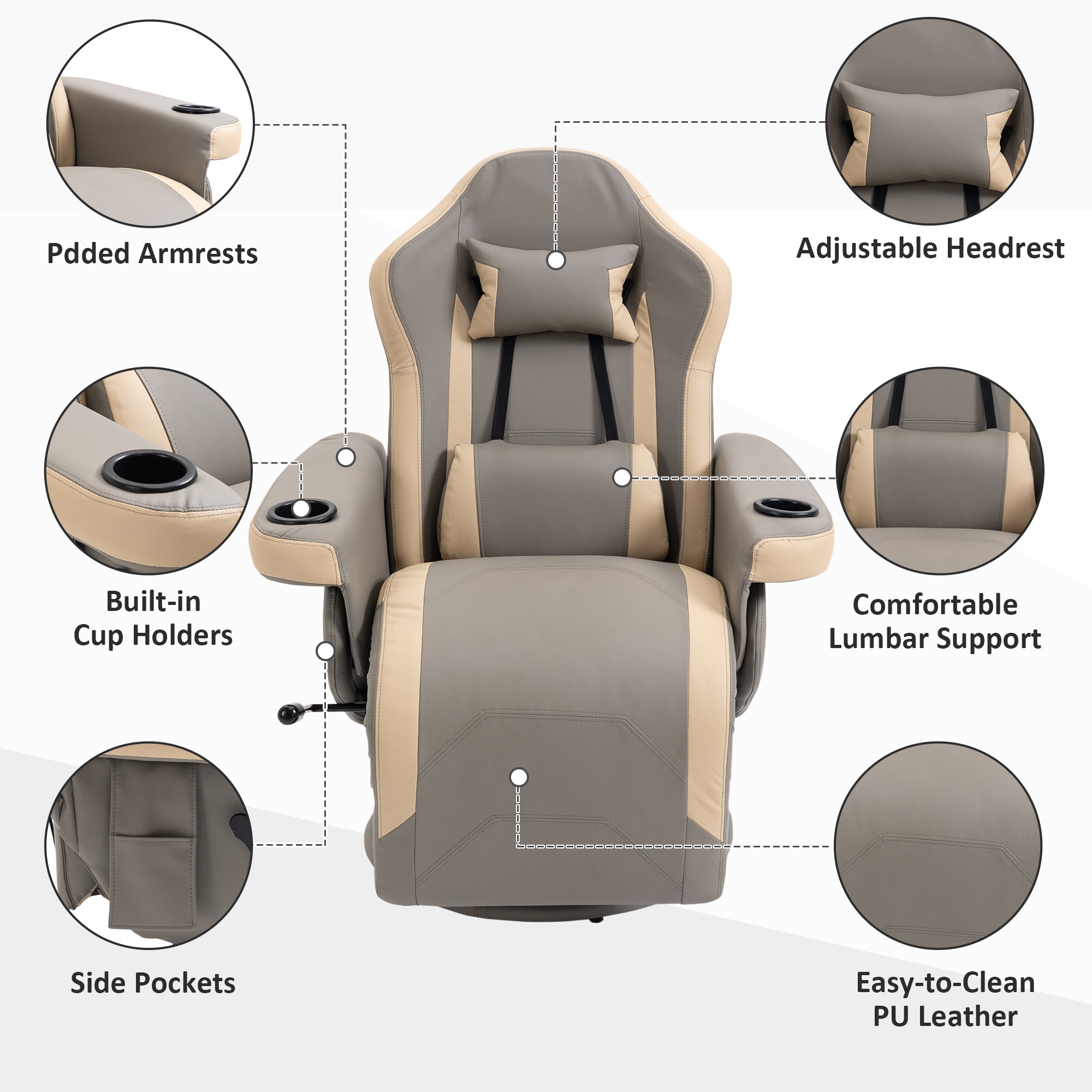 Manual Recliner Armchair PU Leather Lounge Chair w/ Adjustable Leg Rest, 135° Reclining Function, 360° Swivel, Cup Holder and, Storage Pocket