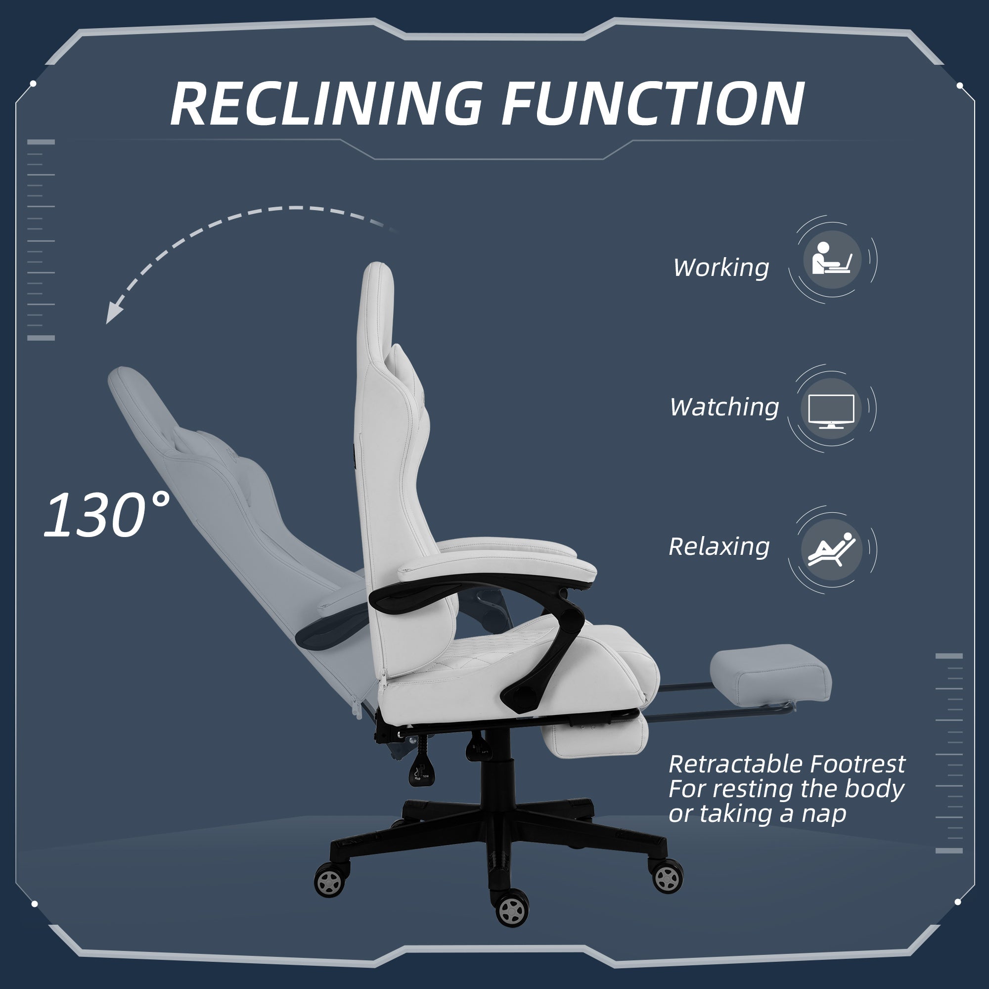 High Back PU Leather Gaming Chair, Racing Computer Chair with Swivel Wheels, Retractable Footrest, Headrest, Lumbar Support, and Armrest, White and Pink