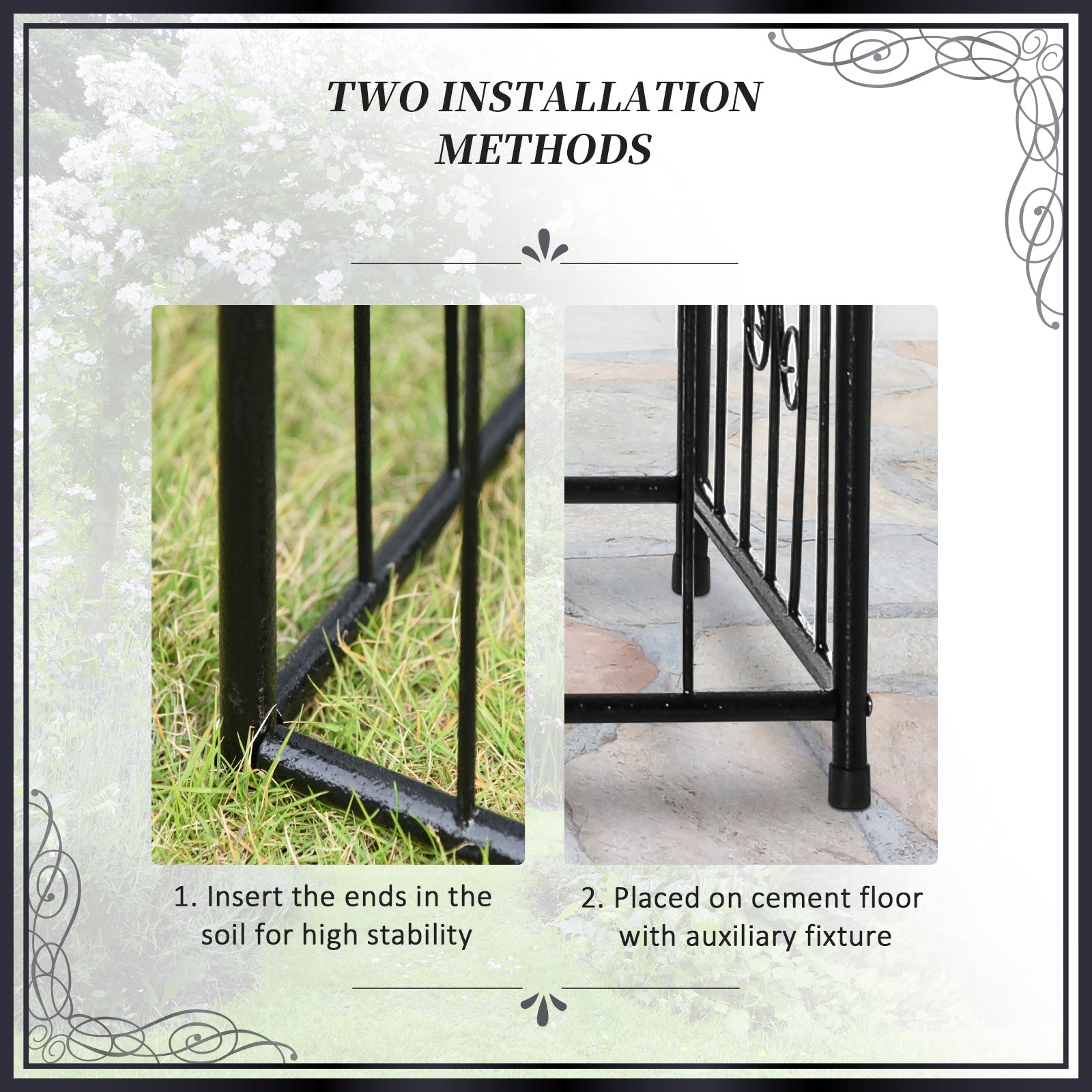 86" Garden Arch Arbor, Metal Arch Trellis with Gate and Planter Baskets, Garden Archway for Climbing Vines, Wedding Ceremony Decoration, Flourishes & Arrow Tips, Black - Black - Image 7
