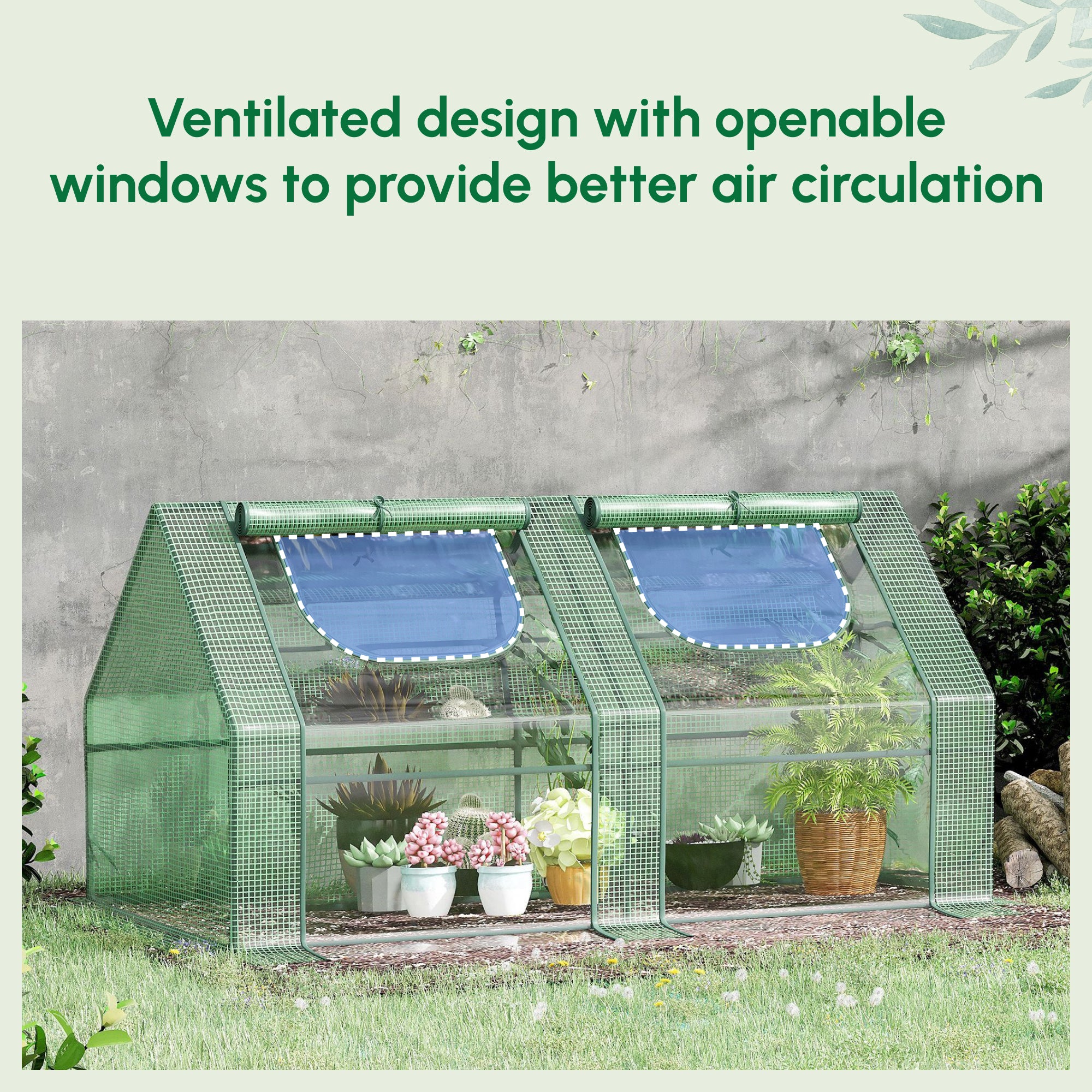 6' x 3' x 3' Portable Greenhouse, Garden Hot House with Two PE/PVC Covers and 2 Roll Up Windows, Green - Green - Image 4