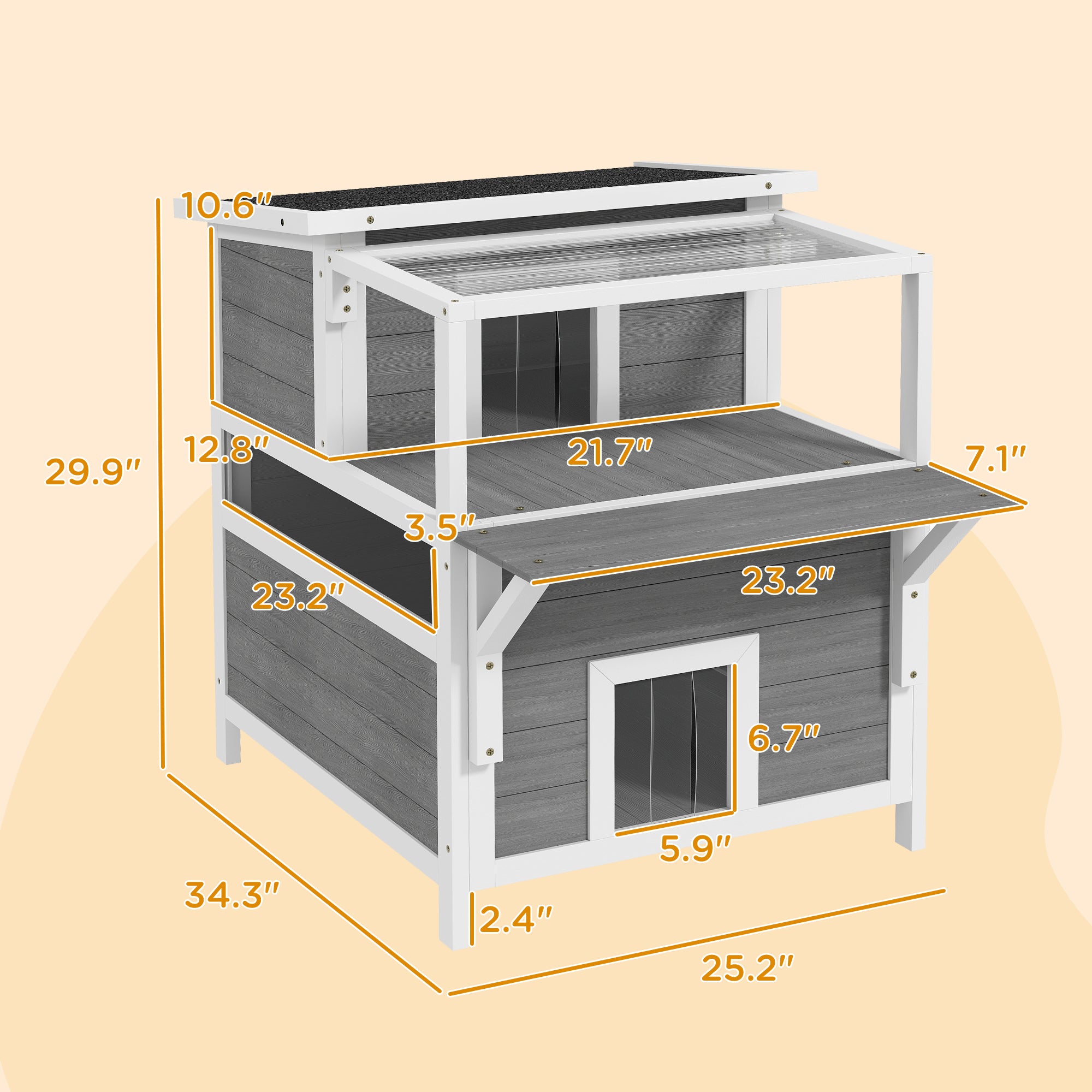 2-Story Wooden Cat House Outdoor with Balcony, Openable Top, Escape Door, Removable Panel & Floor, for Backyard, Outside - Light Gray - Image 3