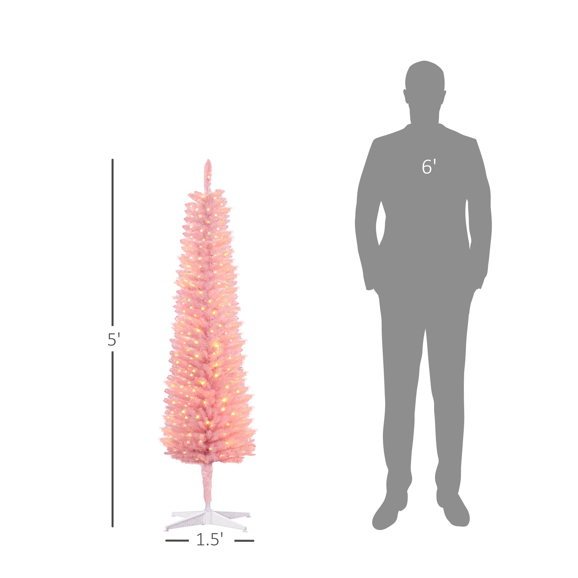 5' Prelit Christmas Tree, Pencil Artificial Christmas Tree with Colorful Surface Branches, Colorful LED Lights, Pink