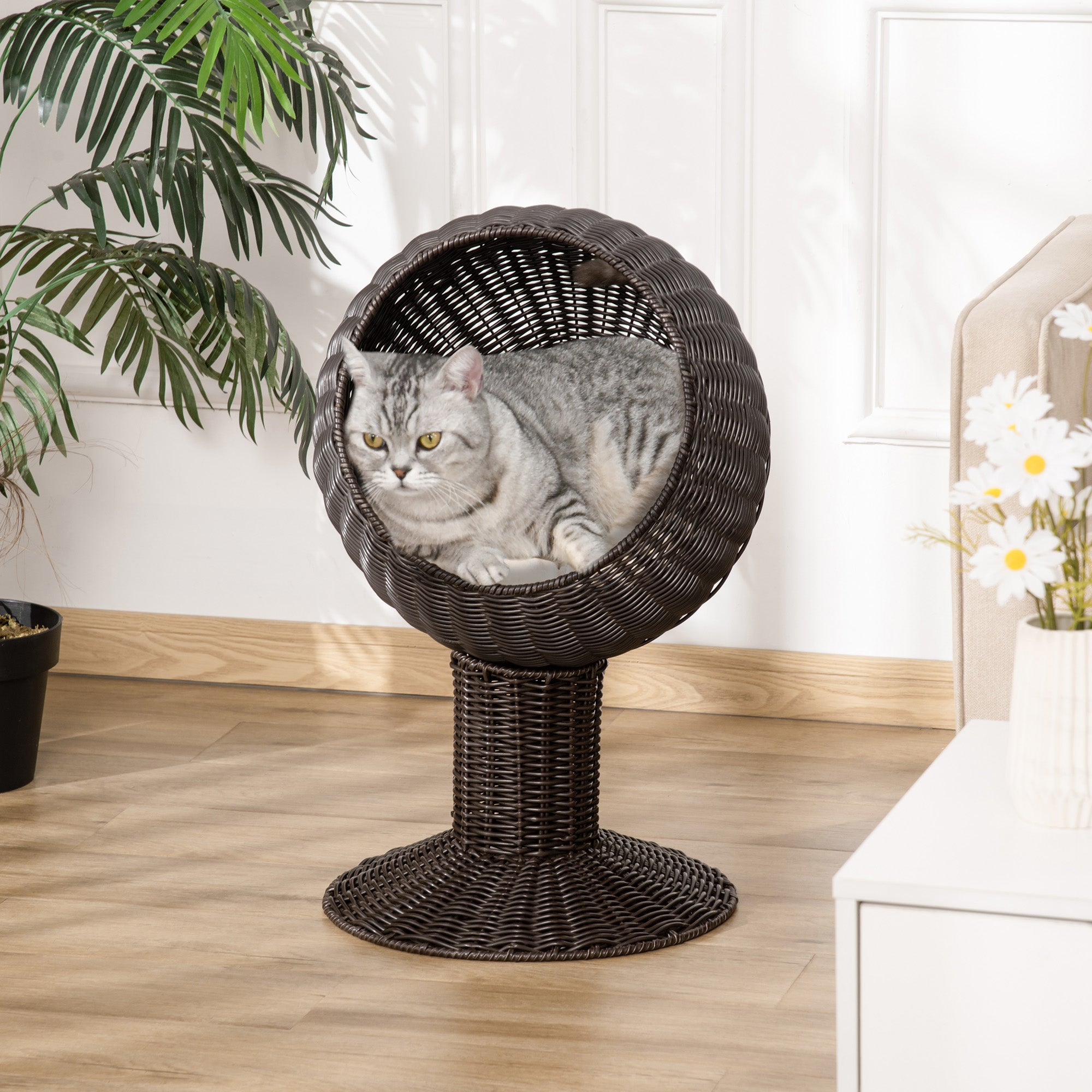 Elevated Cat Bed with Rotatable Egg Chair Pod, Cat Basket Bed with Thick Cushion, Natural Mat Grass Woven Kitty House, Coffee - Coffee - Image 2