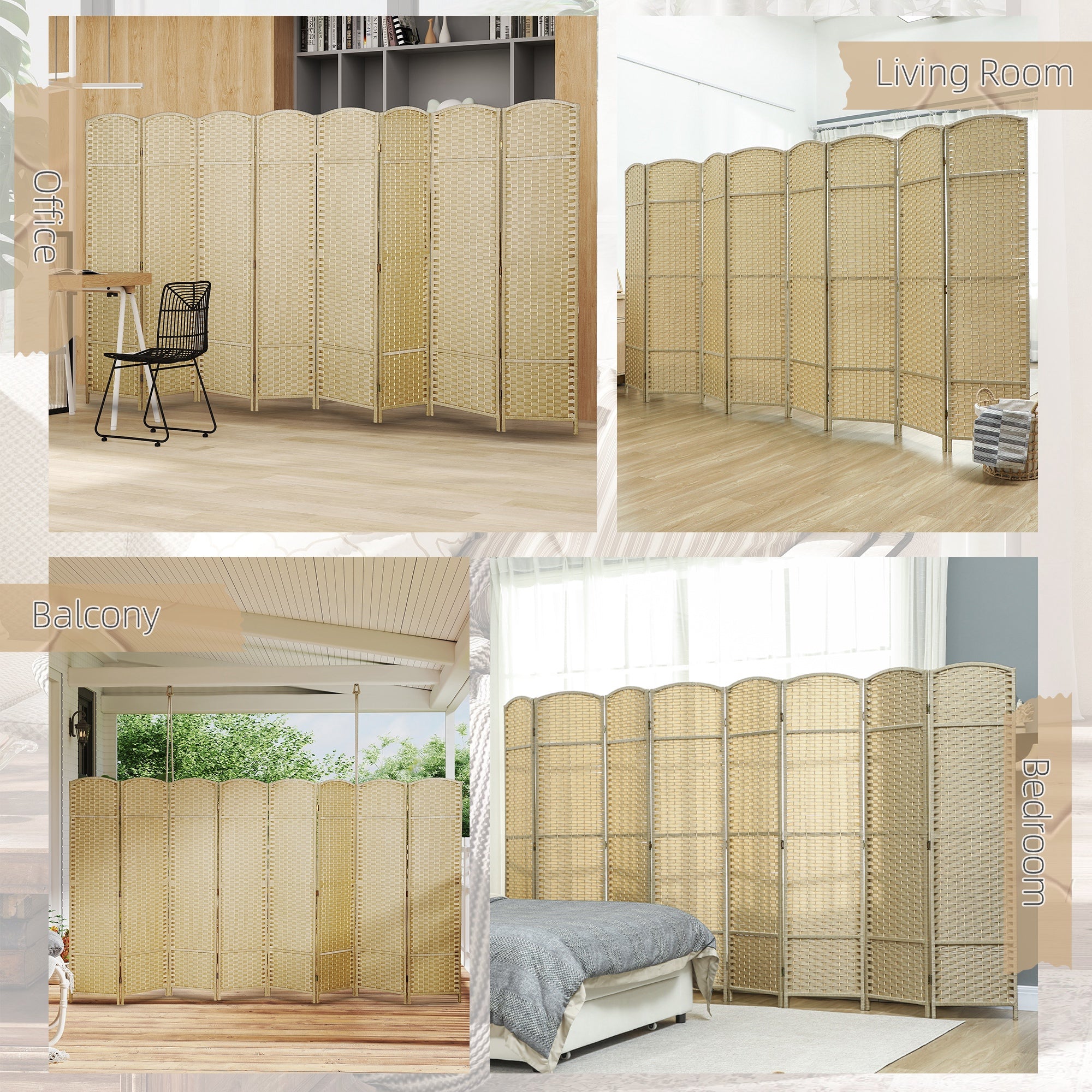 Folding Room Divider Screen 8 Panel 5.6 ' Tall Privacy Screen Freestanding Room Partition for Home Office, Beige