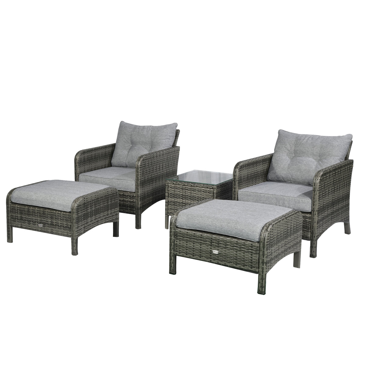5 Pieces Rattan Wicker Lounge Chair Outdoor Patio Conversation Set with 2 Cushioned Chairs, 2 Ottomans and Tempered Glass Top Coffee Table, Gray/Light Gray