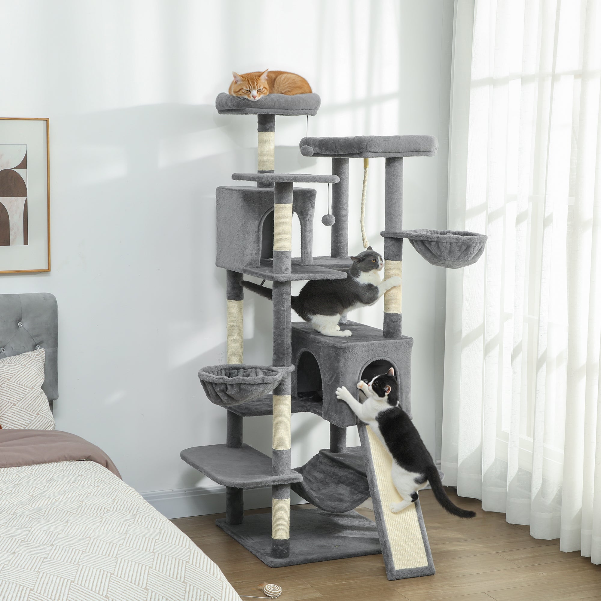 69" Cat Tree, Multi-Level Cat Tower with 2 Condos and 3 Hammocks, 8 Scratching Posts, for Multiple Cats, Dark Gray - Dark Gray - Image 2