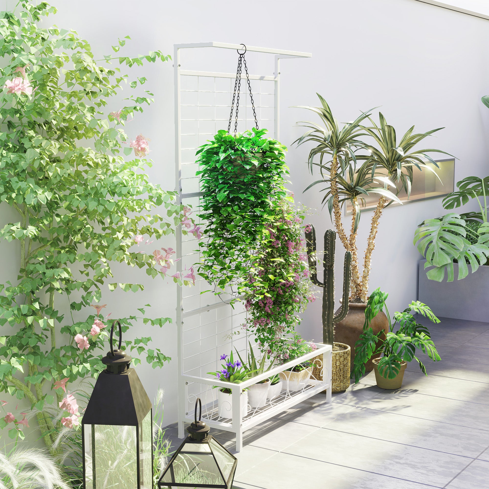Metal Tall Plant Stand with Trellis and Hanging Bar, Plant Holder for Indoor Outdoor Use, 35" x 12.8" x 74", White - White - Image 7