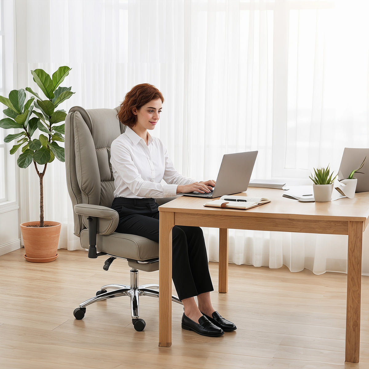 Ergonomic Office Chair, High Back Reclining Desk Chair with Adjustable Armrests, Pet Friendly Faux Leather, Light Gray
