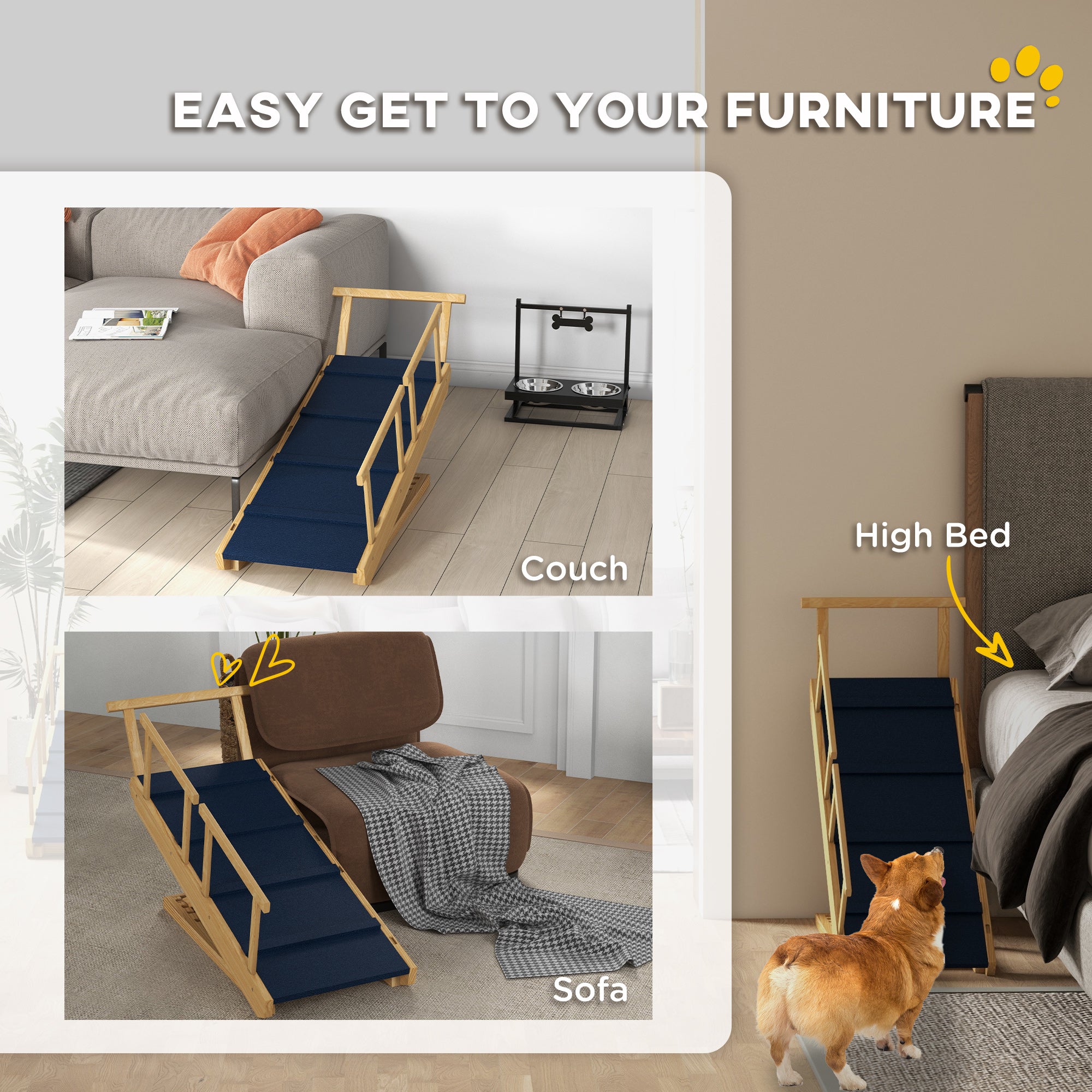 Dog Ramp, Adjustable Height Pet Steps, Foldable Dog Stairs with Non-slip Mat for Small to Large Dogs - Natural Wood - Image 6