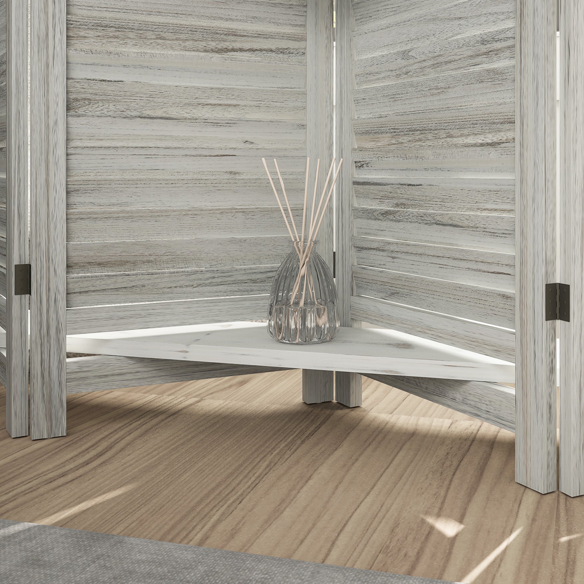 5 Panel 67" Tall Wood Privacy Screen Room Divider with 3 Shelves and Folding Storage for Bedroom, Distressed White