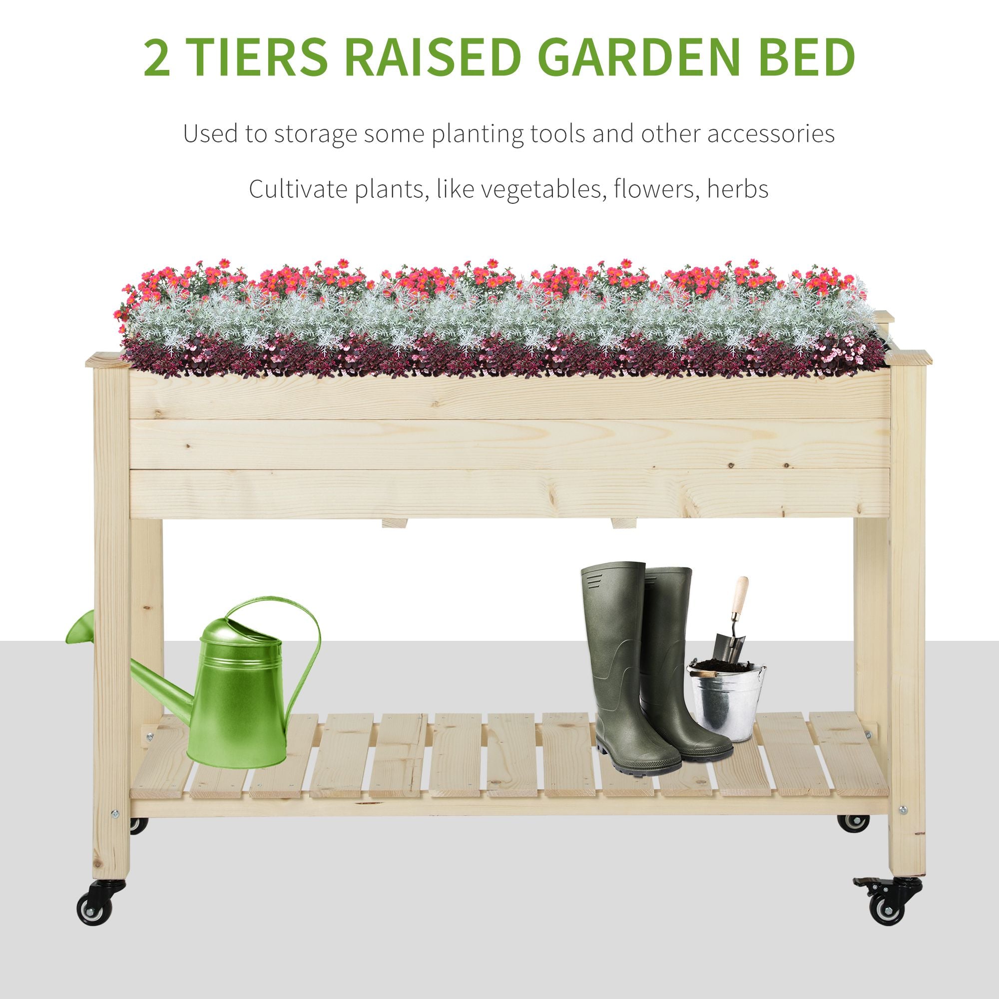 Raised Garden Bed, 47" x 22" x 33", Elevated Wooden Planter Box w/ Lockable Wheels, Storage Shelf, and Bed Liner for Backyard, Patio, Natural - Natural - Image 4