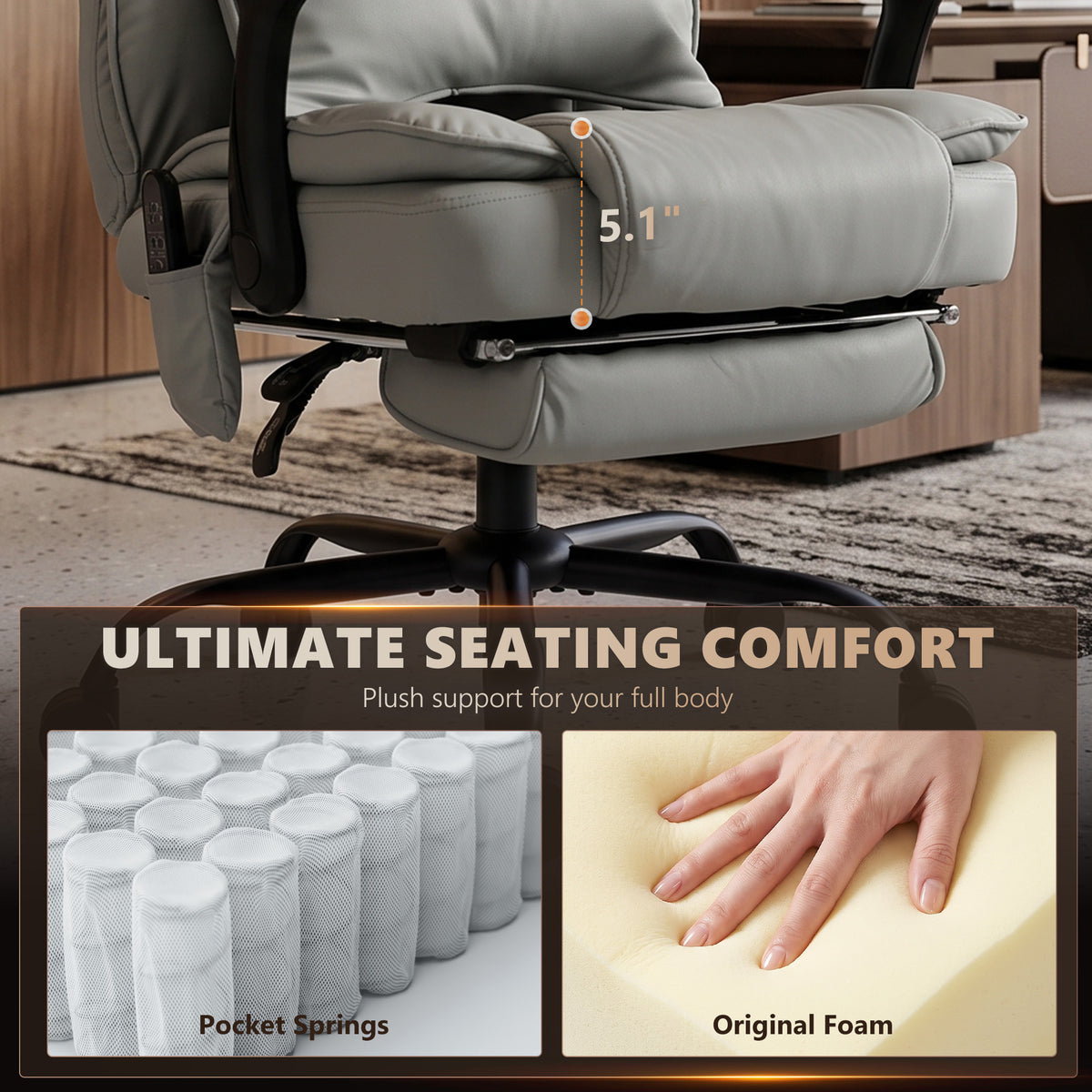 High Back Vibration Massage Office Chair, Heated Reclining PU Leather Computer Chair with Headrest, Gray