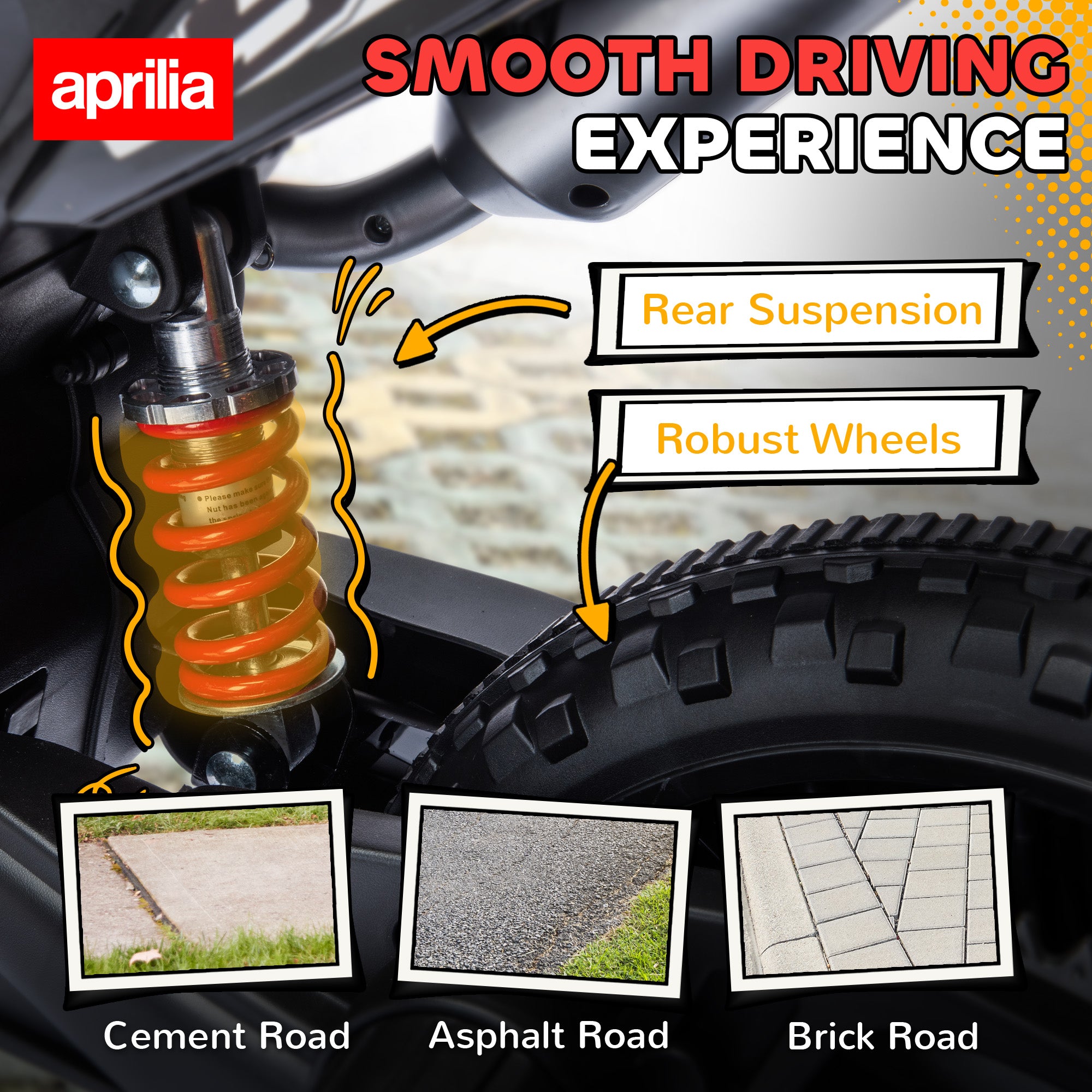 12V Aprilia Licenced Kids Motorcycle with Training Wheels, Spring Suspension, LED Light, USB, Music, Red