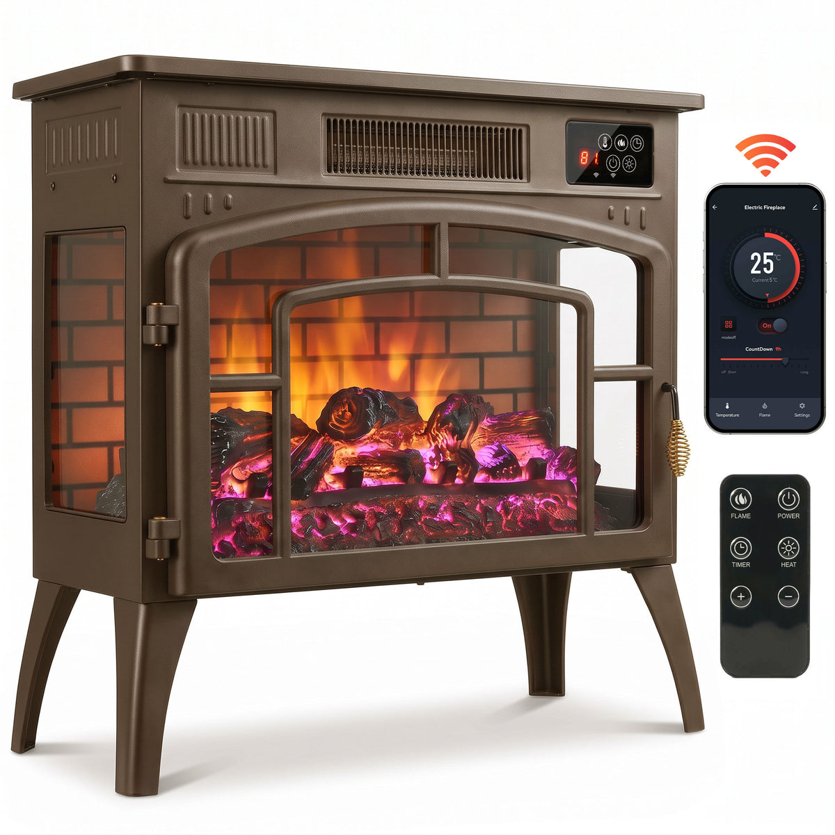 3-Sided Glass WiFi Electric Fire Heater, Smart Electric Fireplace Stove, Brown