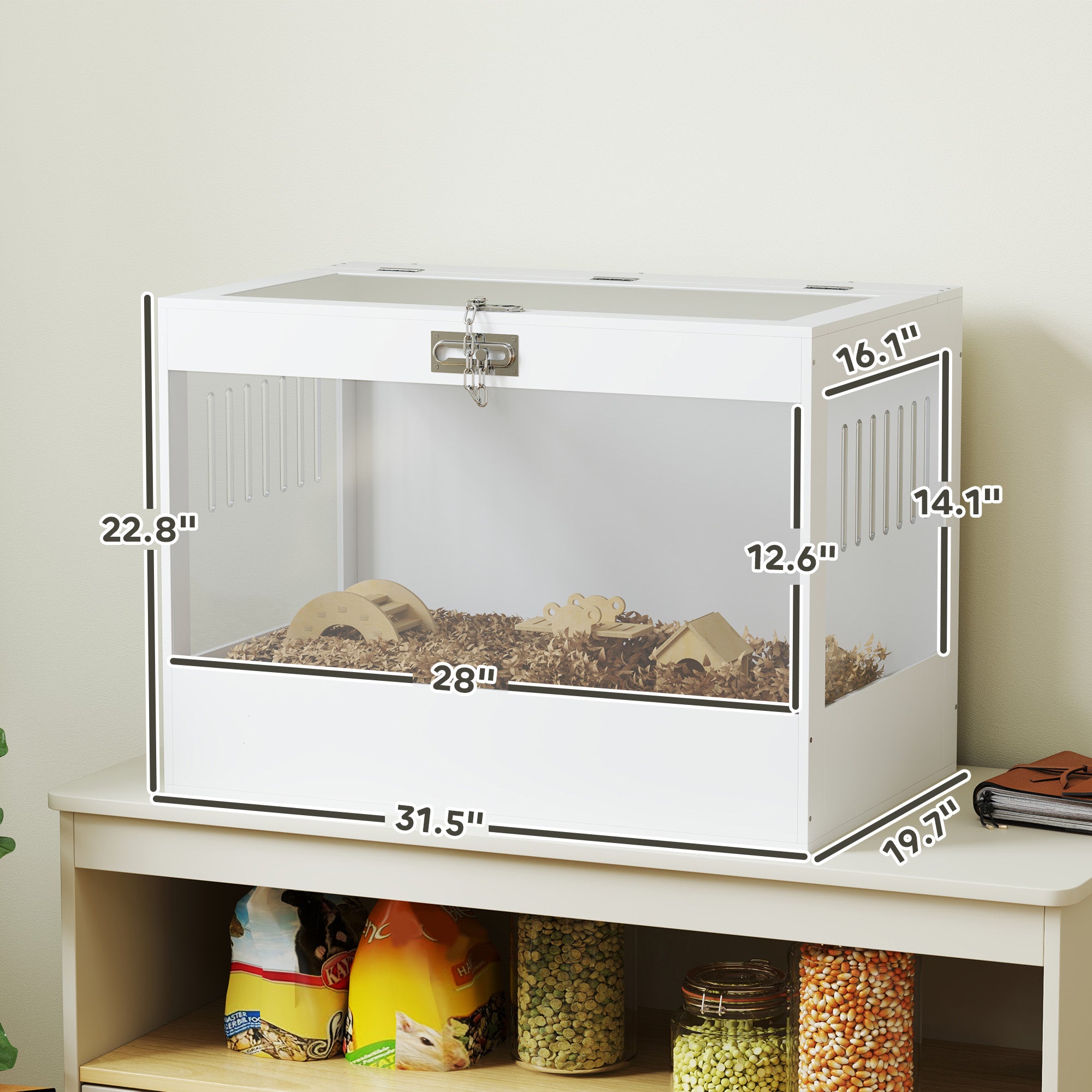 Hamster Cage with Openable Top & Lock, Hut, Transparent Acrylic Panels, Accessories, for Dwarf Hamster Gerbil, White - White - Image 3